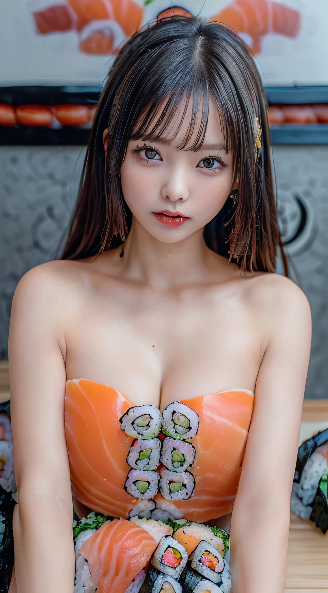 (1girl lying on her back on a table:1.3), wearing a bikini, (there is so much sushi that she can't eat that is placed directly on top of her body, lots of sushi decorated all over the body:1.8), (Best Quality:1.4), (hyper quality), professional photograpy, Cinematic lighting, (extremely detailed beautiful face), Amazing face and eyes, (view from above:1.3),