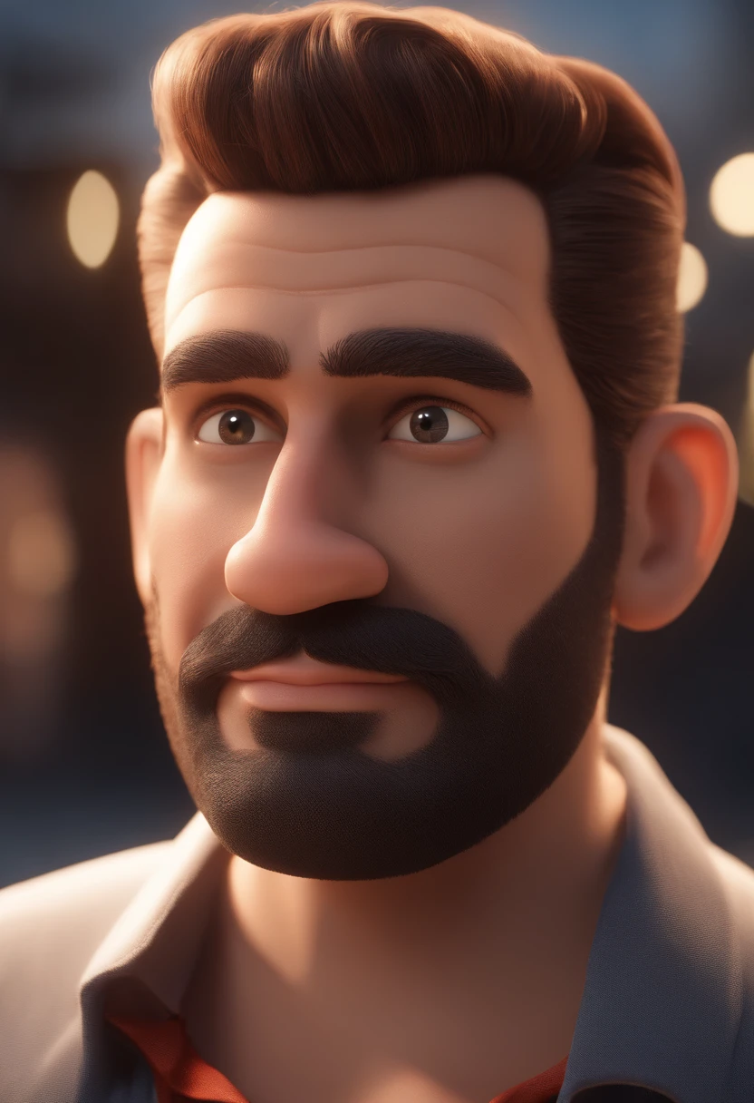 Personagem de desenho animado de um homem com uma camisa polo preta, cabelo crespo, Com barba, animation character, Caractere estilizado, animation style rendering, 3D estilizado, Arnold Maya render, 3 d render stylized, toon render keyshot, Personagem 3D, Personagem 3D, 3d rendering stylized, 3 d character render, personagem de desenho animado, Personagem de close up, Pose de personagem, (Estilo Pixar) (master part:1.2) (Bokeh) (melhor qualidade) (pele detalhada) (textura detalhada) (8k) (argila) (Cinematic lighting) (foco nítido