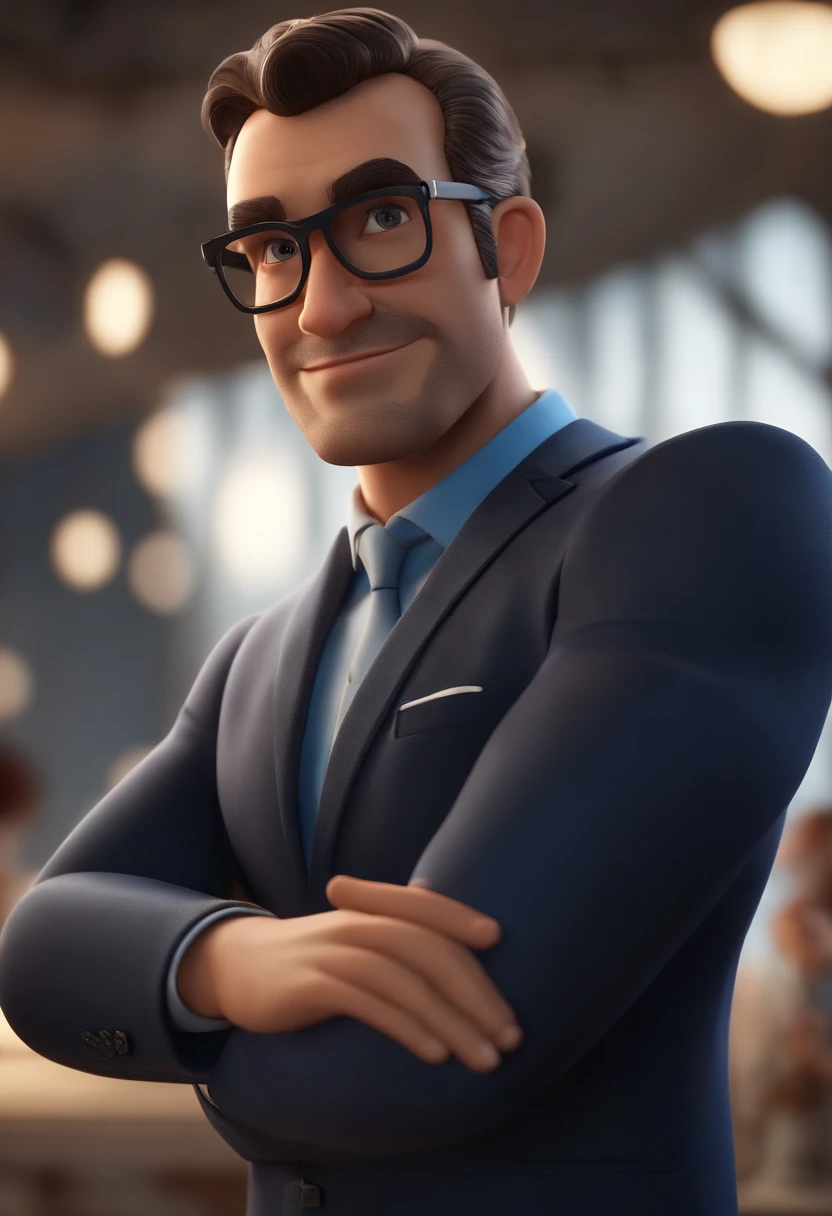 Cartoon character of a man wearing black glasses and a blue shirt, um personagem animado, Caractere estilizado, animation style rendering, 3D estilizado, Arnold Maya render, 3 d render stylized, toon render keyshot, Personagem 3D, Personagem 3D, 3d rendering stylized, 3 d character render, personagem de desenho animado, Personagem de close up, Pose de personagem, (Estilo Pixar) (master part:1.2) (Bokeh) (best quality) (pele detalhada) (textura detalhada) (8k) (argila) (Cinematic lighting) (foco nítido,Senta e vaza a parte superior do corpo