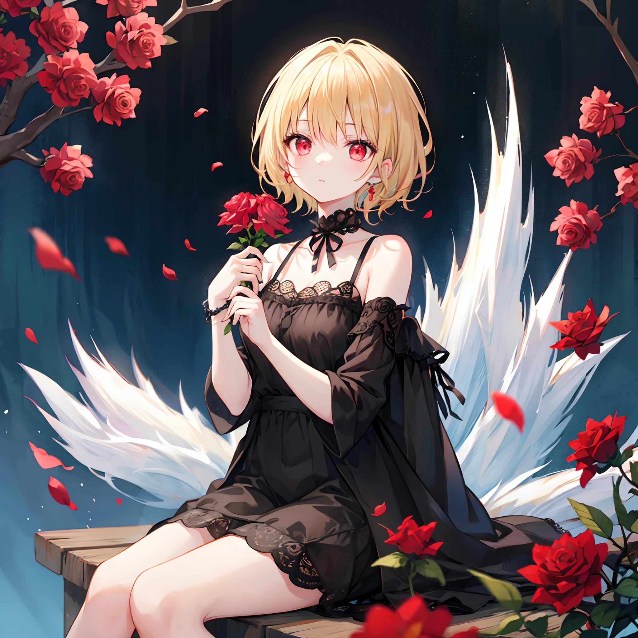 short blonde hair、Red-eyed girl、Sitting surrounded by roses、Black dress、off shoulders、