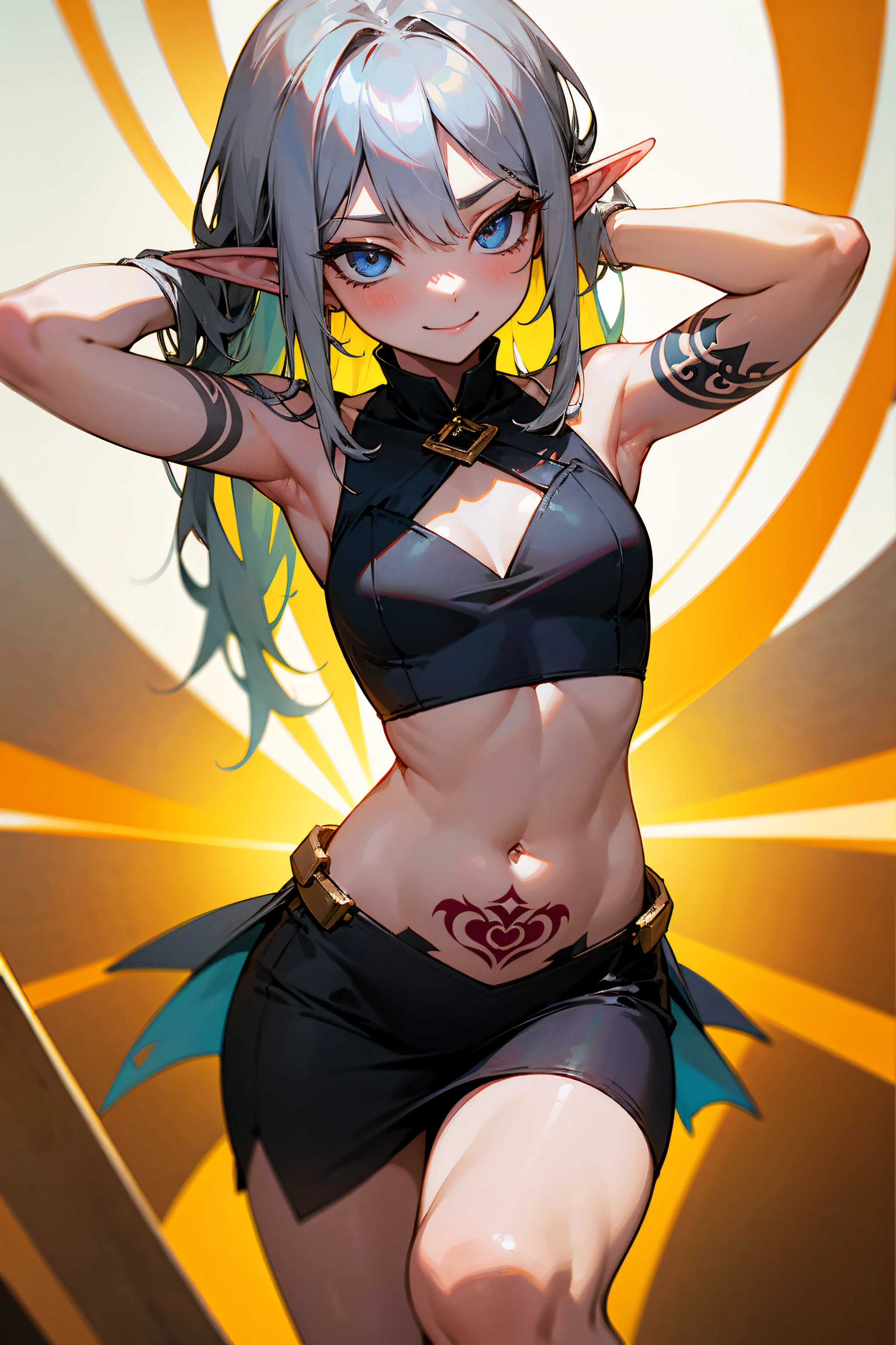 girl, long gray hair, elf e, eyes, smirk, tattoo,  dress,  Elements, Sexy, Sleeveless, open breasts, flat chest, open belly, feet shoulder-width apart, hands behind head, Masterpiece, hiquality, 4k, HD, Good detail