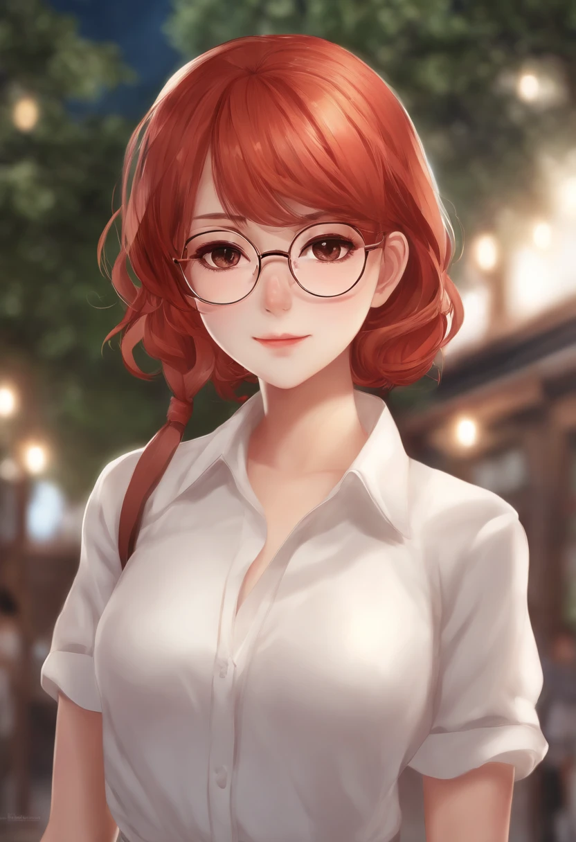 Anime girl with red hair and glasses in a white shirt, pixiv, shin hanga, very detailed character, anime moe art style, render of april, sayori, made with anime painter studio, Stylized anime, anime stylized, anime styled, Smooth Anime CG Art, clean detailed anime style