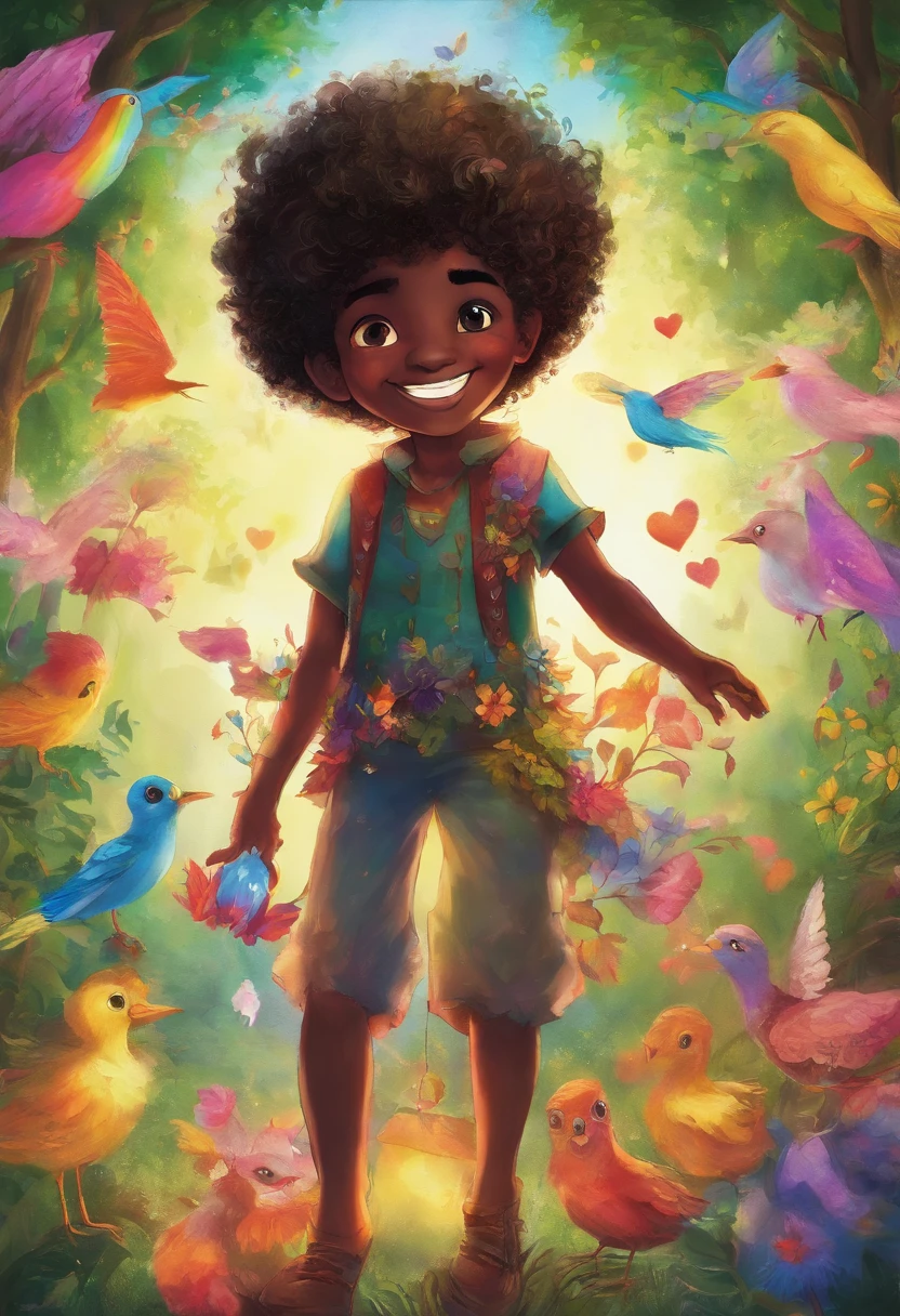 Um menino negro magro alto de 12 anos com rosto fino e cabelo crespo curto, Is smiling with rainbow colored heart in a magical sunlit forest, The flowers singing with the birds and the trees smiling and dancing.