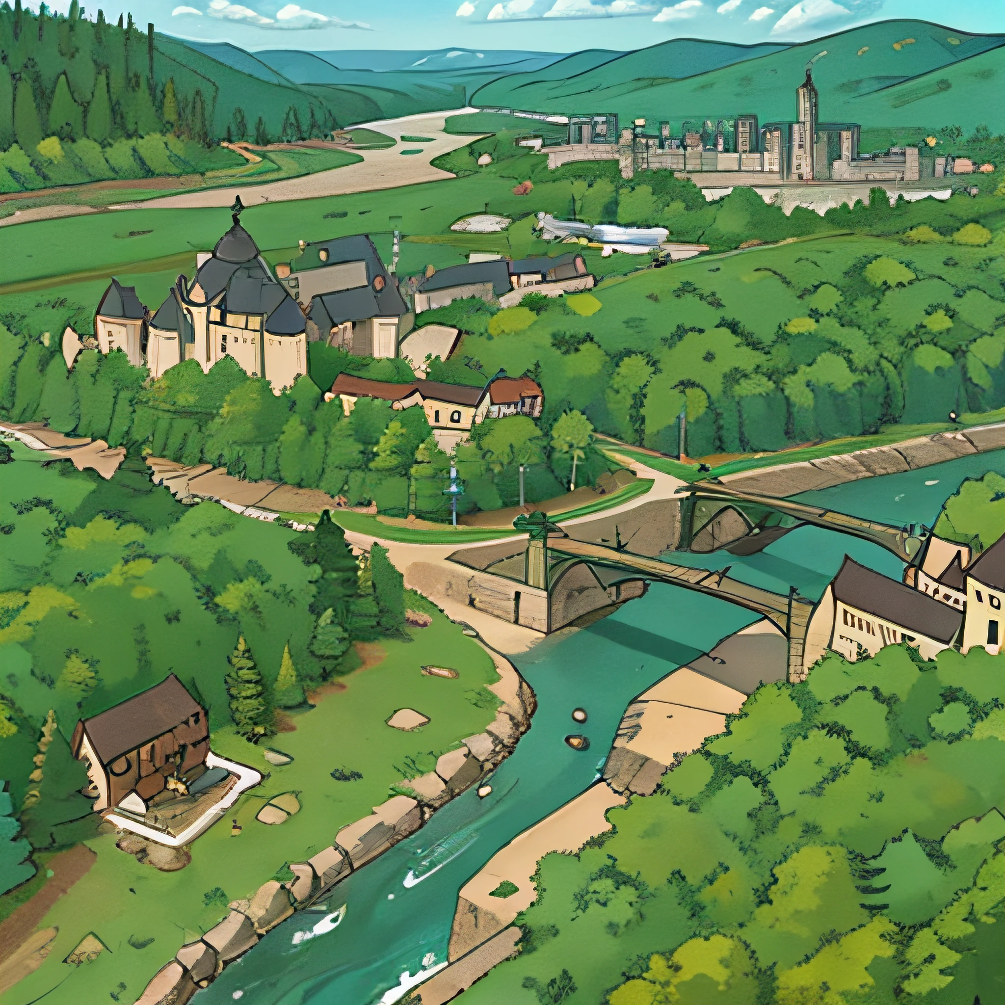 Large medieval town, taiga forest, river valley, overhead view