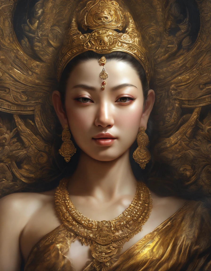 (breathtaking,10,10,high-res,masterpiece:1.2),ultra-detail,(Realistic,photorealistic portrait,photo-realistic:1.37),Buddha,enlightenment,serene,brightness,Inner radiance,A Deep Spiritual Journey,Enlightenment of the Universe,tranquil,Vivid depiction,Radiate energy and flow,reincarnation,Glow golden halo