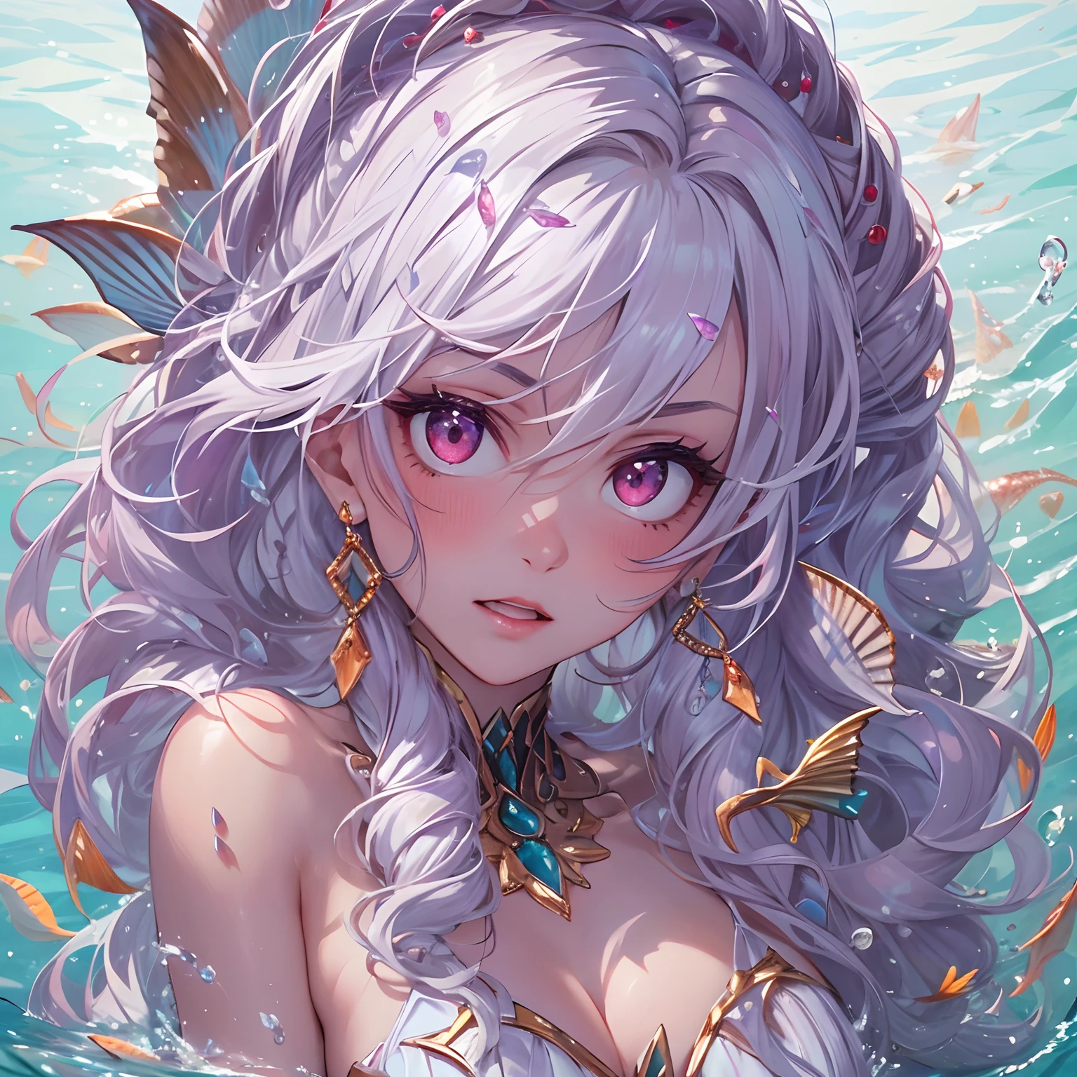 ((Masterpiece, Highest quality)), Detailed face, , full bodyesbian, Full of details, Multiple poses and expressions, Highly detailed, Depth, Many parts,Beautiful mermaid girl,Human fishtail,estilo fantasia,Extremely beautiful,High Balance, Natural light, Water ripples around, white hair, fish features, red eyes, gills, scales, sea shell hair ornament, red jewellery, deep blush, giggling, , sweating, heart in eyes, ((purple tinted skin)), blush, highlights, glossy lips, grabbing screen, ((arms out towards viewer)), kissing, serene expression, happy, ((mermaid tail)), 4k, high quality, (((long hair)))