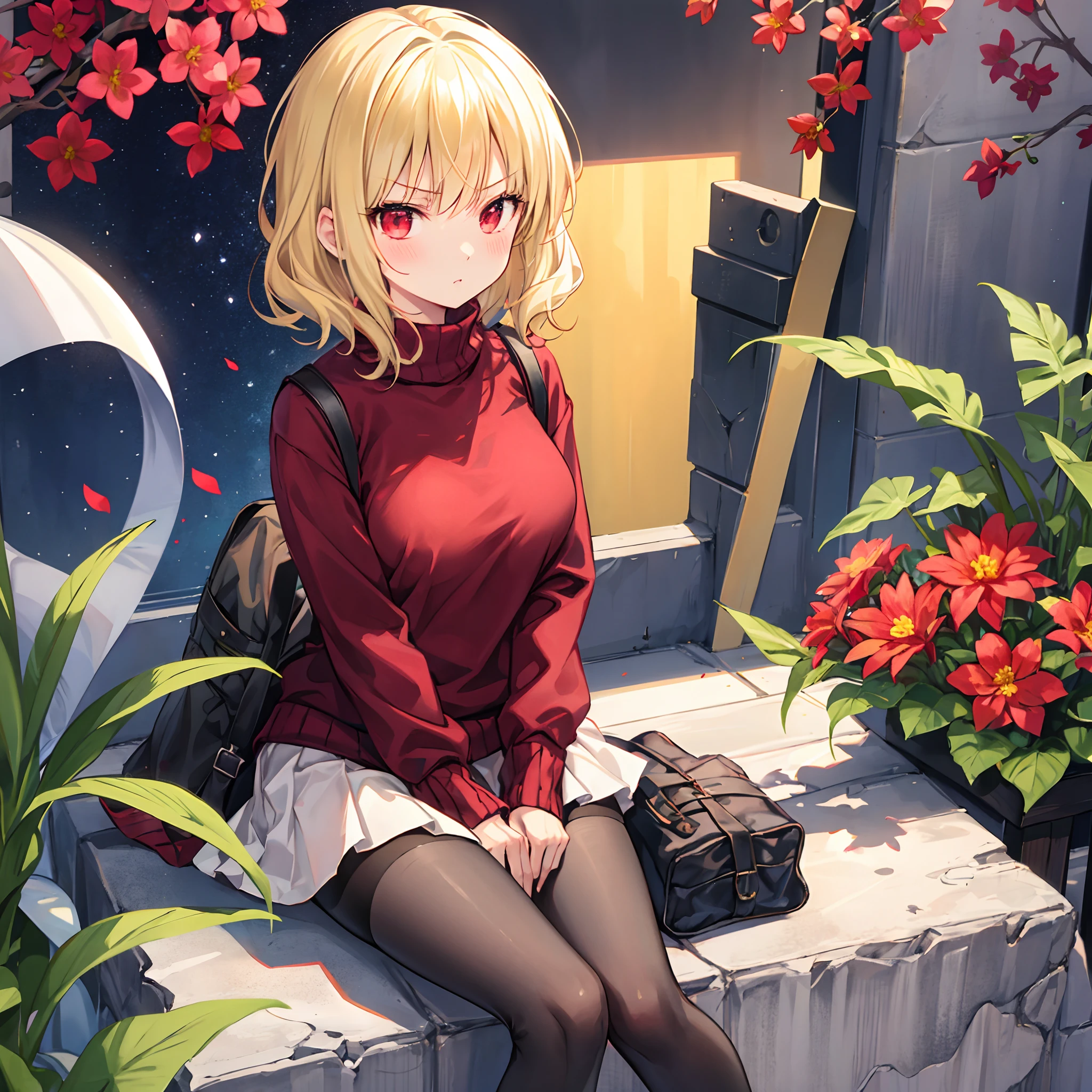 short wavy blonde hair、Red-eyed girl1a person、独奏、Sit surrounded by flowers、red blush、turtle necked sweater、a miniskirt、Black tights、Glaring