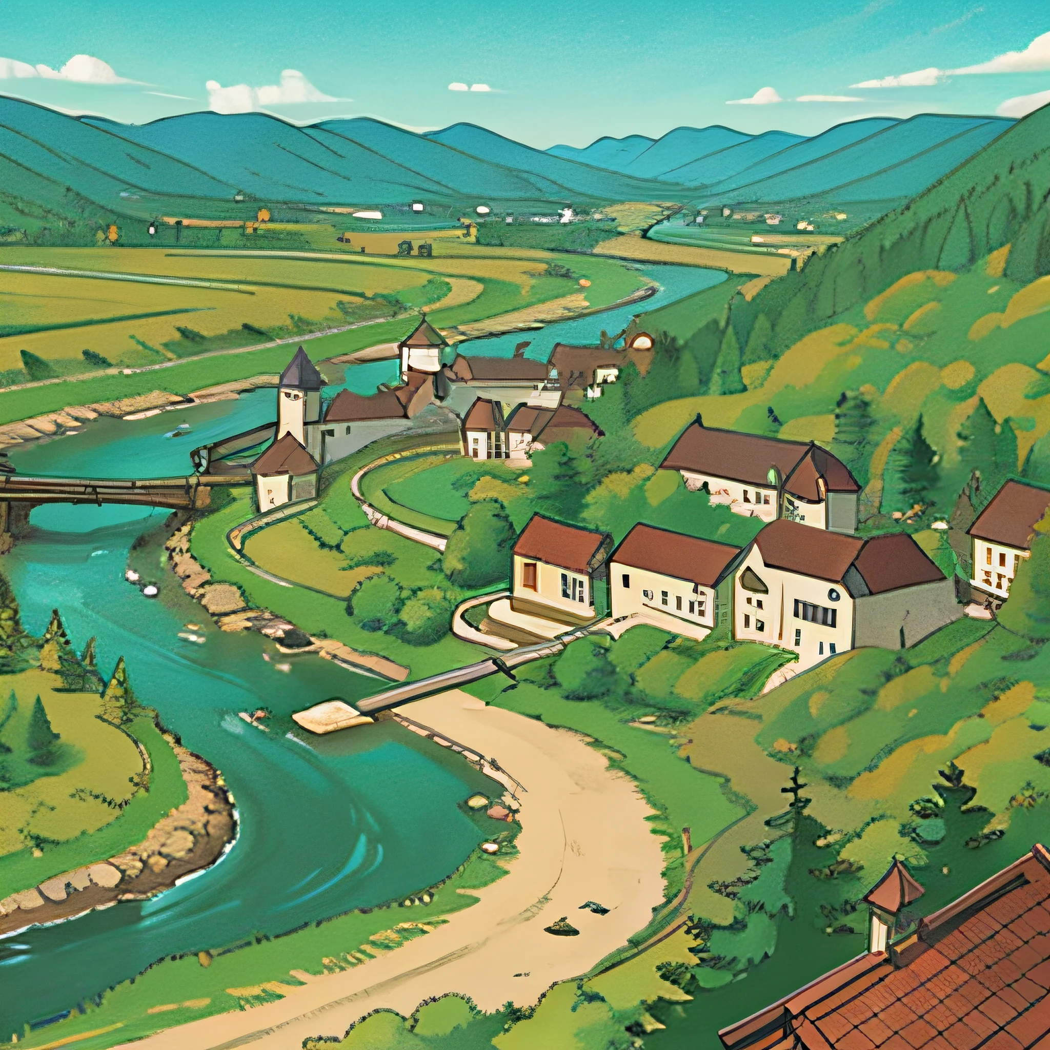 Large medieval town, taiga forest, river valley, overhead view