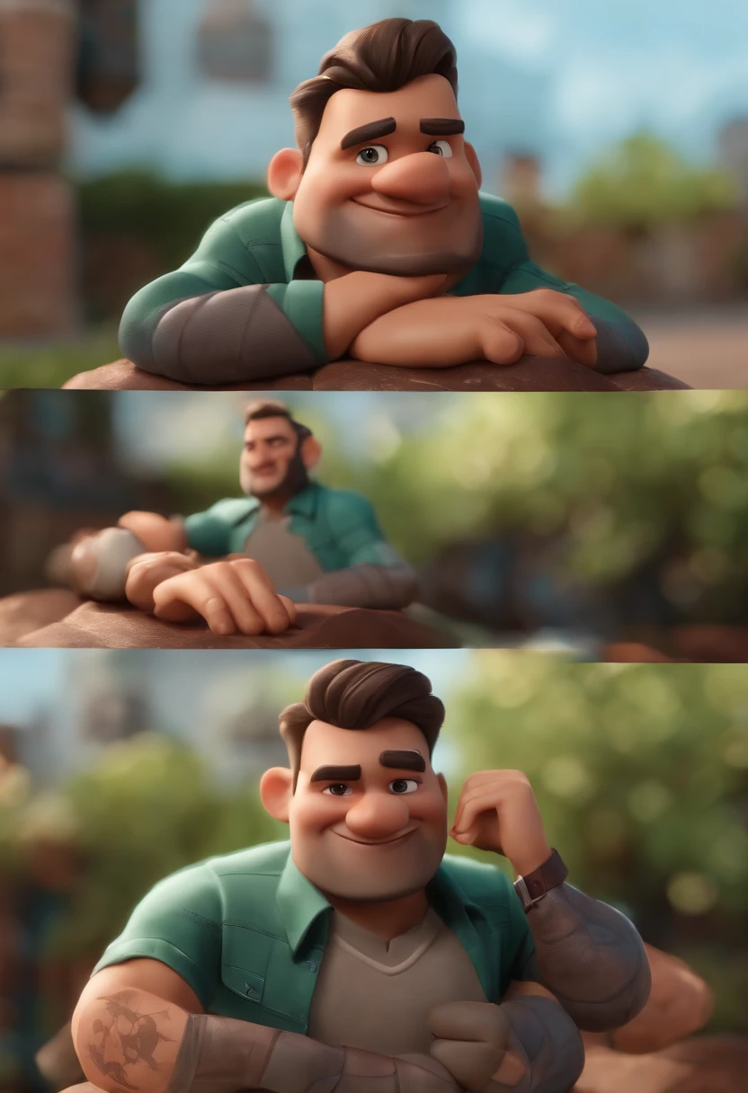 personagem dos desenhos animados de um homem de cabelos castanhos cacheados estilo moicano, olhos verdes, barba, tattoos on his arms and a red plaid shirt, animation character, Caractere estilizado, animation style rendering, 3D estilizado, Arnold Maya render, 3 d render stylized, toon render keyshot, Personagem 3D, Personagem 3D, 3d rendering stylized, 3 d character render, personagem de desenho animado, Personagem de close up, Pose de personagem, (Estilo Pixar) (master part:1.2) (Bokeh) (best quality) (pele detalhada) (textura detalhada) (8k) (argila) (Cinematic lighting) (foco nítido