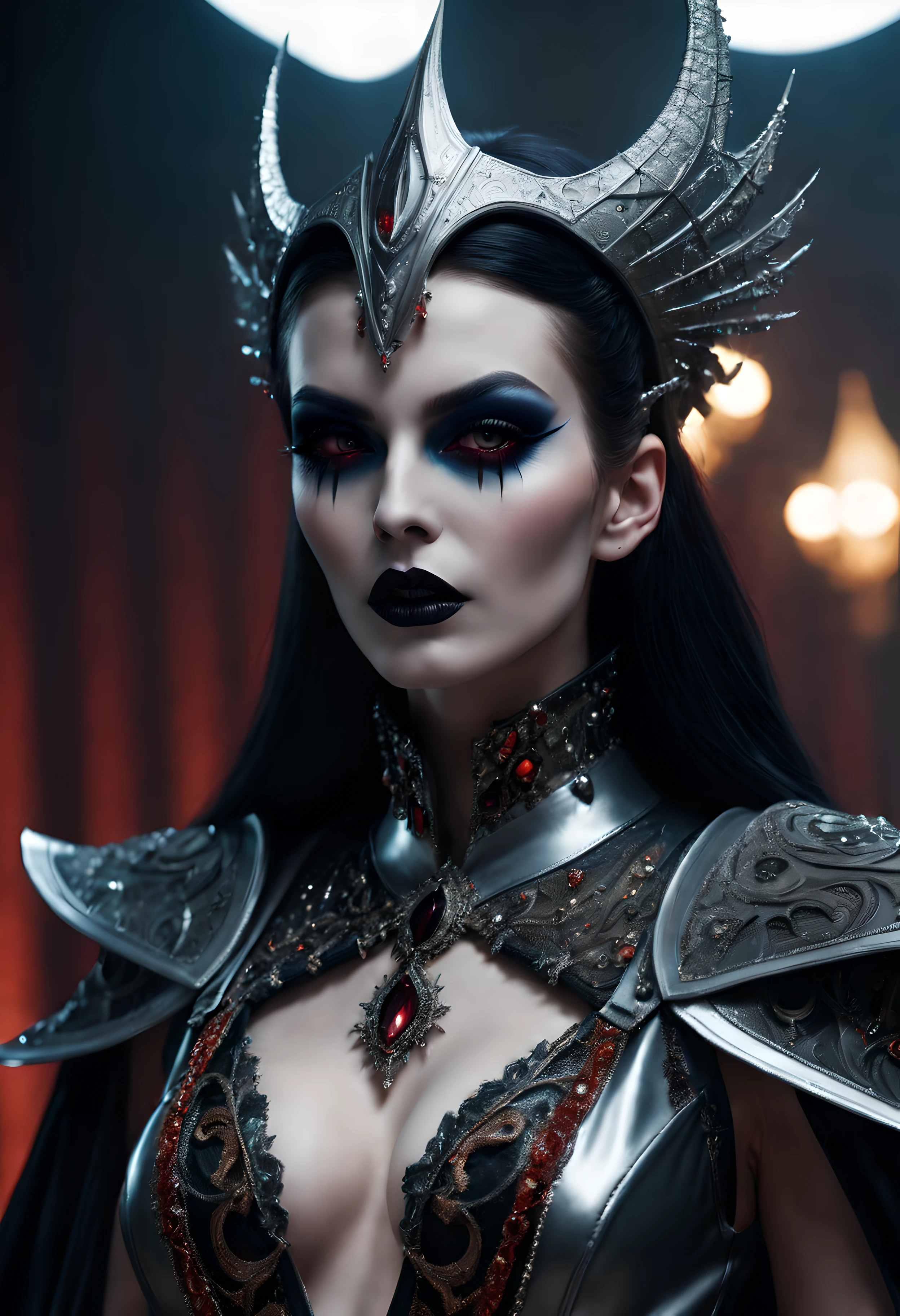 hyperrealistic and heavy detailed modern vampiric runway show of a sexy sorceress, wearing armored clothing crazy fashion alternate costume, detailed face, real, atmospheric, sharp, 8k, high textured, maximalist, atmospheric, raytracing, real life, ((ethereal))