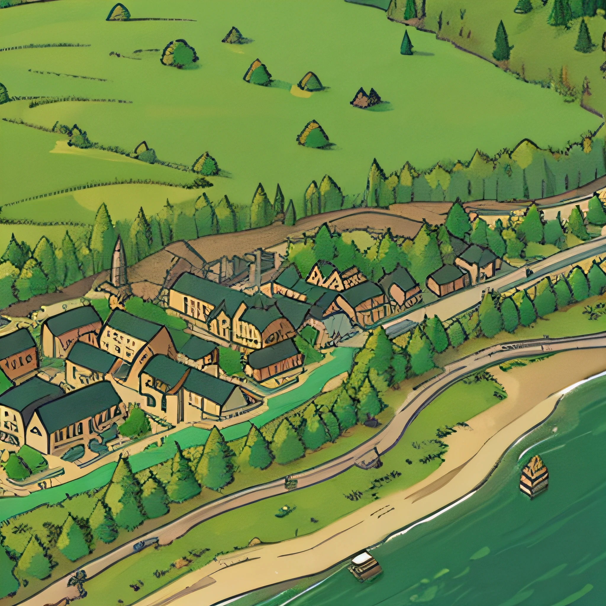 Large medieval town, taiga forest, river valley, overhead view