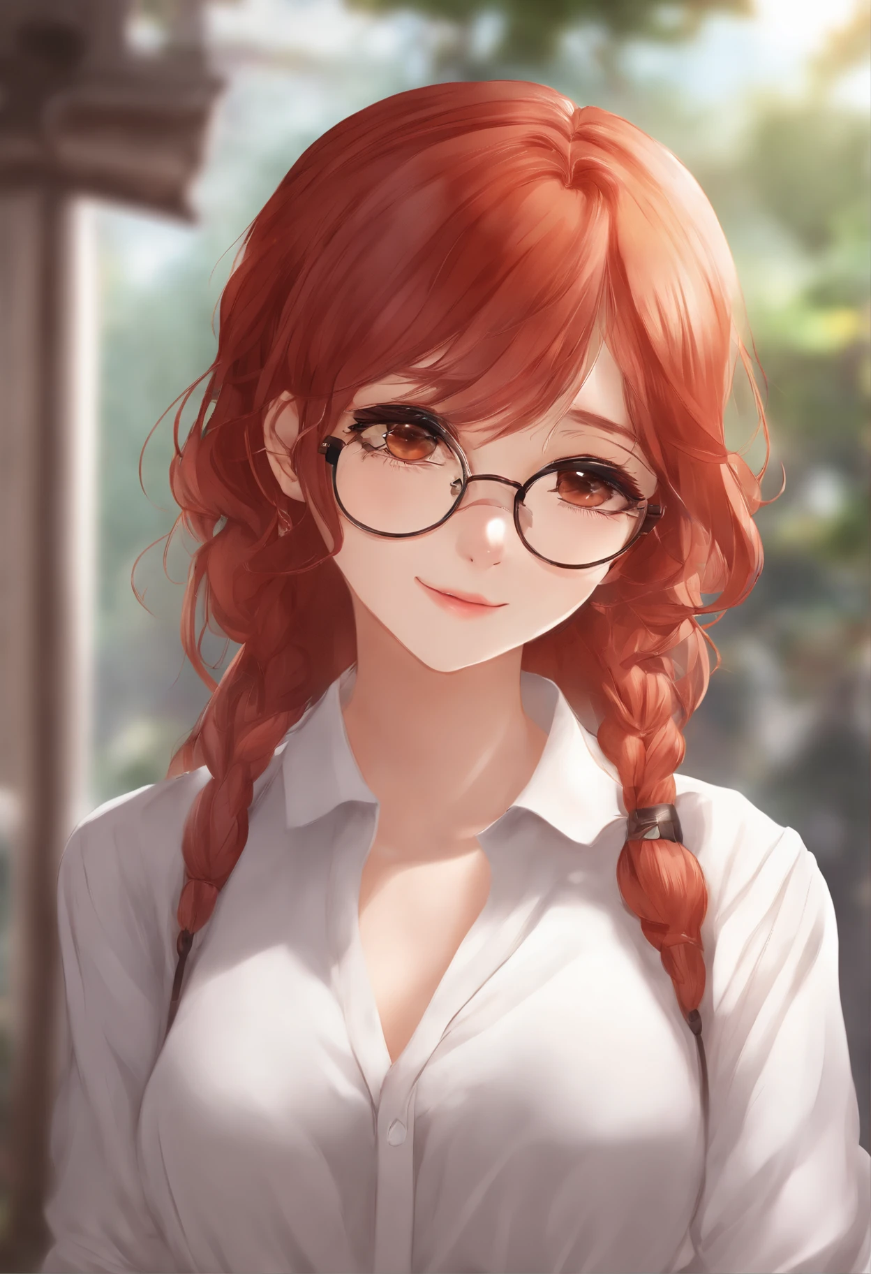 Anime girl with red hair and glasses in a white shirt, pixiv, shin hanga, very detailed character, anime moe art style, render of april, sayori, made with anime painter studio, Stylized anime, anime stylized, anime styled, Smooth Anime CG Art, clean detailed anime style