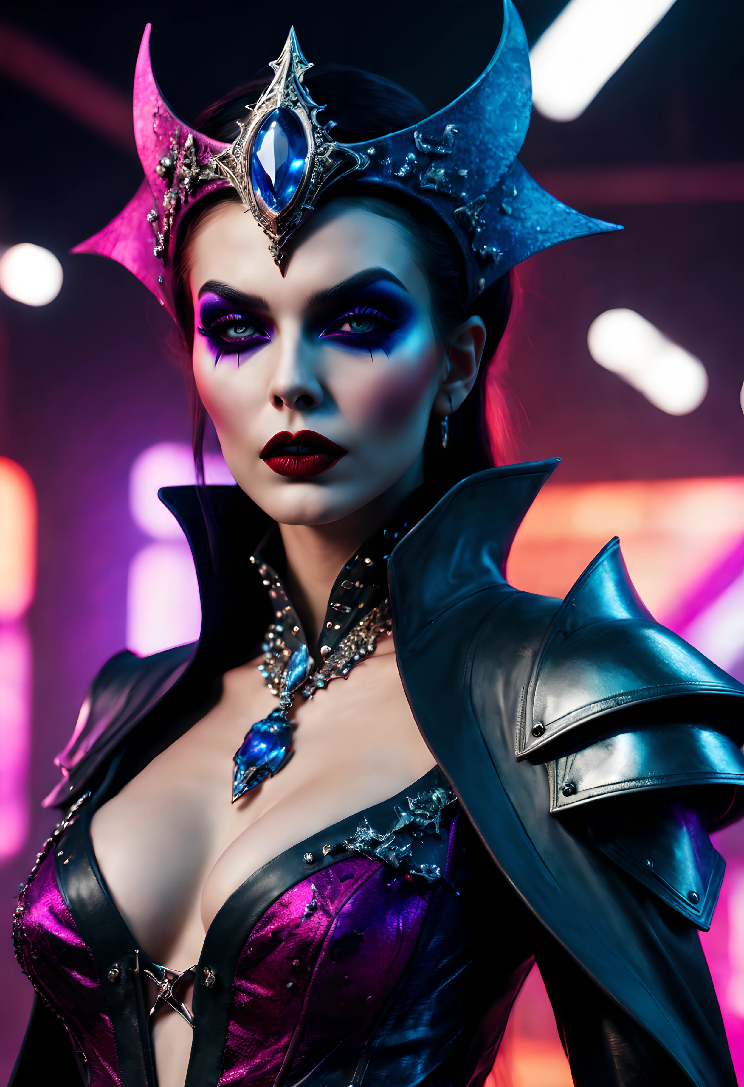 hyperrealistic and heavy detailed modern vampiric (runway show) of a sexy sorceress, wearing armored clothing crazy fashion alternate costume, detailed face, real, atmospheric, sharp, 8k, high textured, maximalist, atmospheric, raytracing, real life, ((colorful))