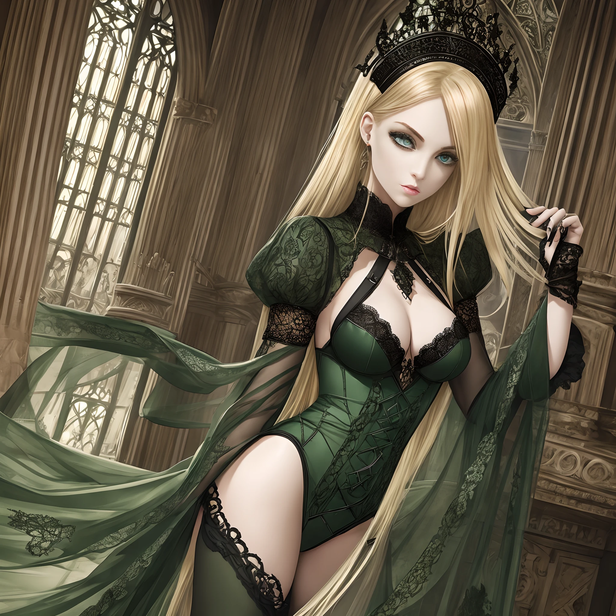 1 girl, young, beautiful, dark green eyes, blond hair, palace, Gothic style of architecture, thin physique, open vulgarity.