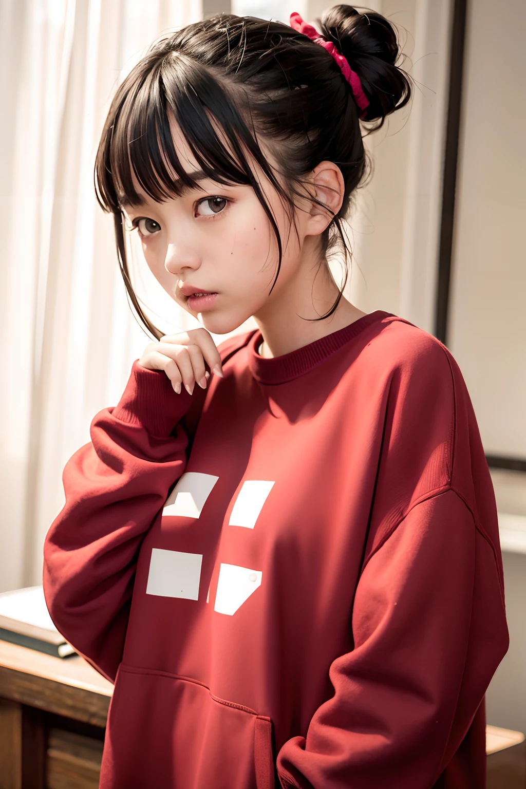 best qualtiy、​masterpiece、girl with、Dark hair、Bun hair、One knot、scrunchie、Red sweatshirt、