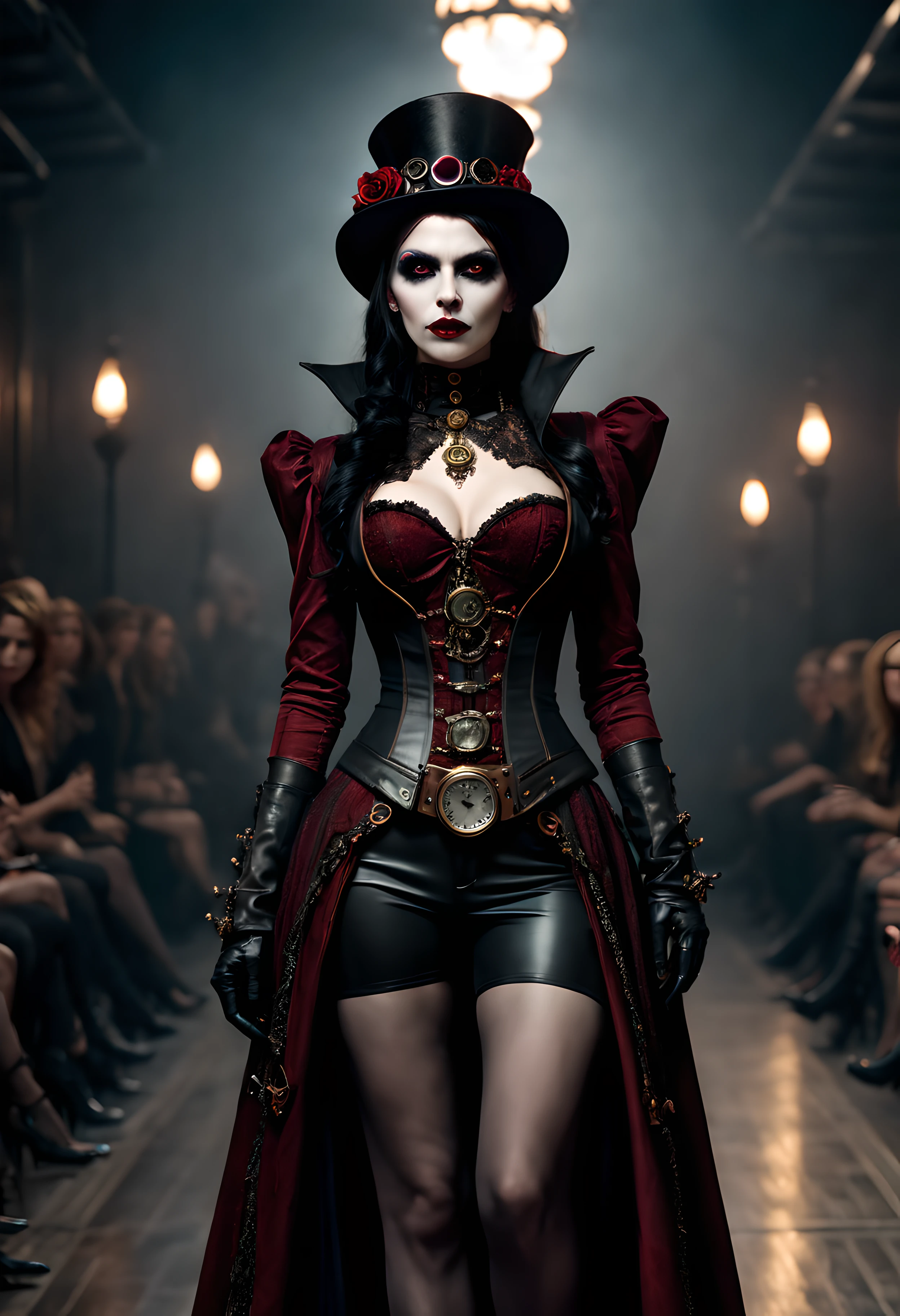 hyperrealistic and heavy detailed steampunk vampiric runway show of a sexy vampire lady, wearing tight clothing crazy fashion alternate costume, detailed face, real, atmospheric, sharp, 8k, high textured, maximalist, atmospheric, raytracing, real life, ((cosmic))