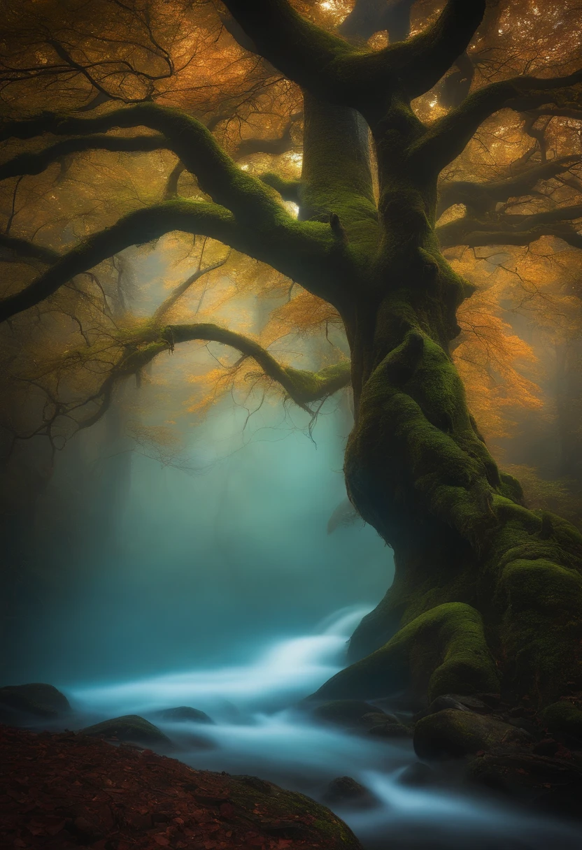 "An otherworldly, bioluminescent forest shrouded in an enchanting mist, where colossal, ancient trees with glowing tendrils extend skyward. Amidst the ethereal ambiance, an enigmatic figure, cloaked in flowing robes, stands beneath the radiant boughs, holding a shimmering, glowing orb of unknown origin. The atmosphere is a mesmerizing blend of tranquility and mystery, as if the forest holds ancient secrets waiting to be unveiled. --ar 16:9 --v 5 --q 1.5 --chaos 60"
