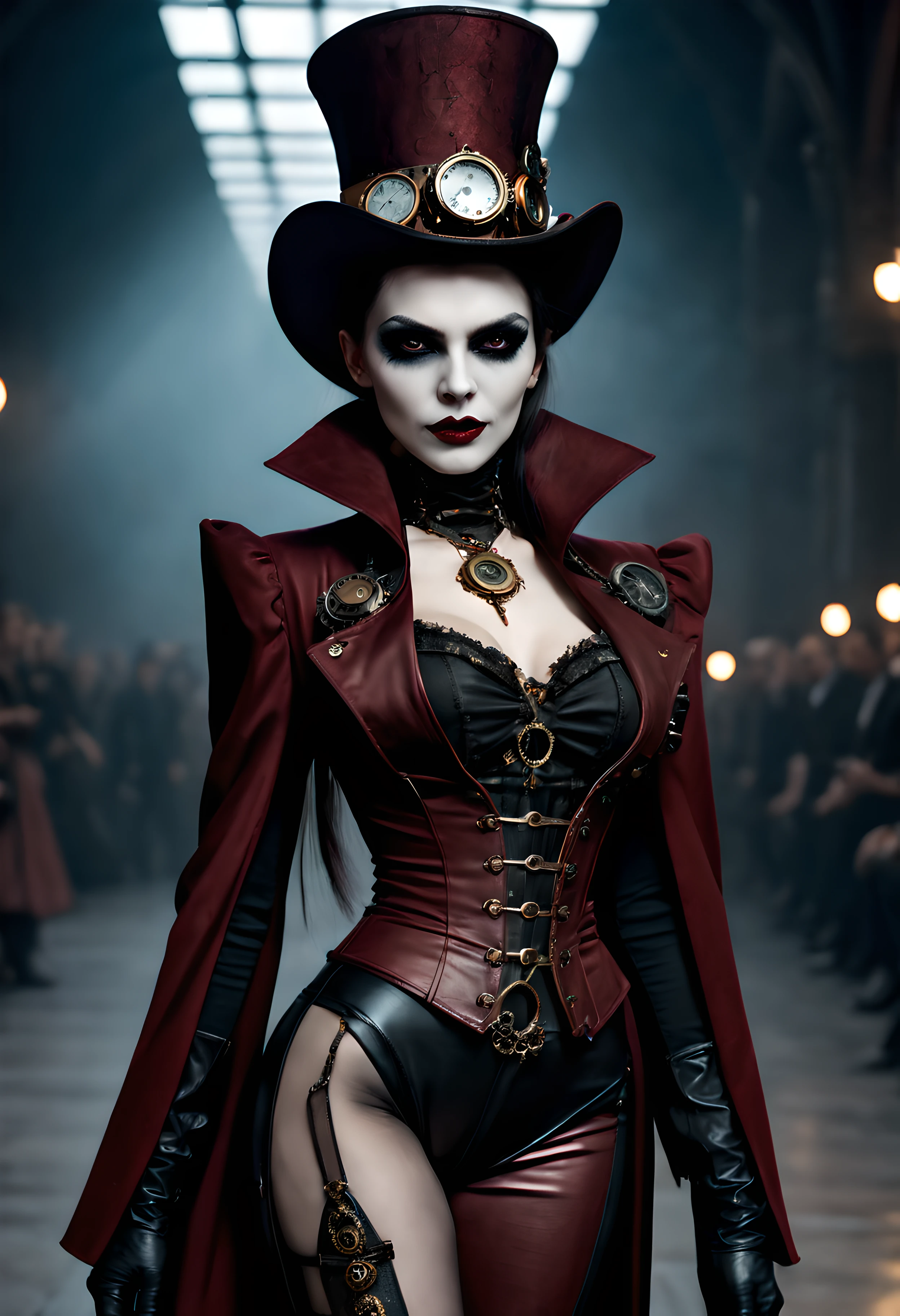 hyperrealistic and heavy detailed steampunk vampiric runway show of a sexy vampire lady, wearing tight clothing crazy fashion alternate costume, detailed face, real, atmospheric, sharp, 8k, high textured, maximalist, atmospheric, raytracing, real life