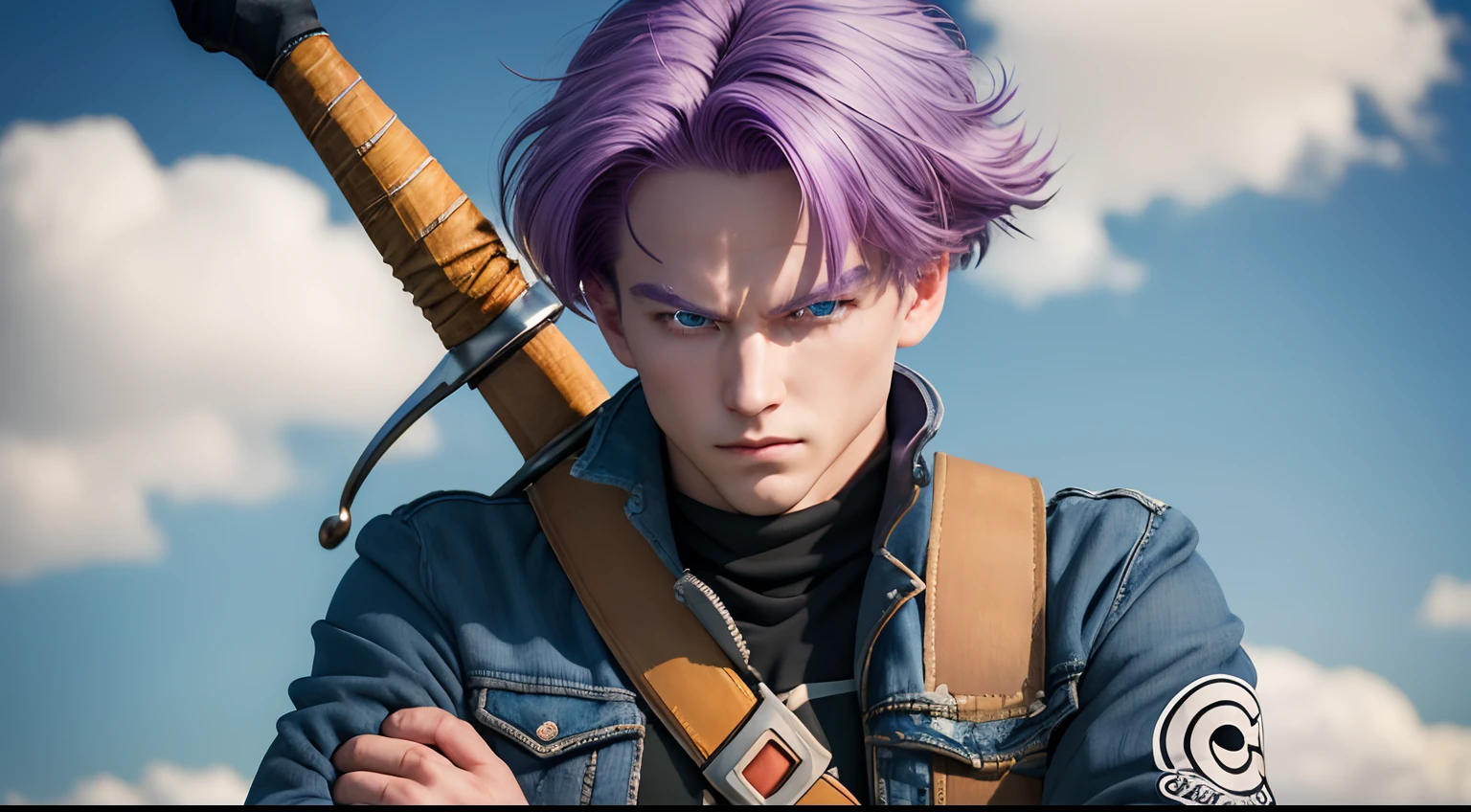 (masterpiece, best quality:1.2), cowboy shot, solo, male focus, 1boy, trunks \(dragon ball\), expressionless, closed mouth, looking at viewer, crossed arms, purple hair, blue eyes, jacket, shirt, pants, sword