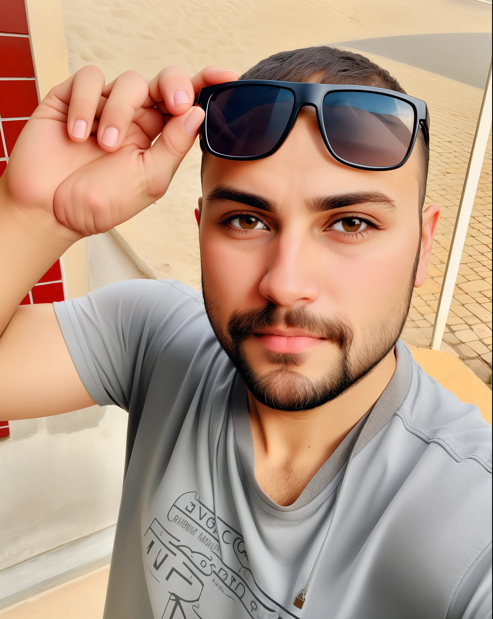 Light brunette, age 35, thin and fleshy mouth, light brown eyes, medium thin nose, little pointed, thin cheek, thick eyebrows, medium with sunglasses, square shape and full beard