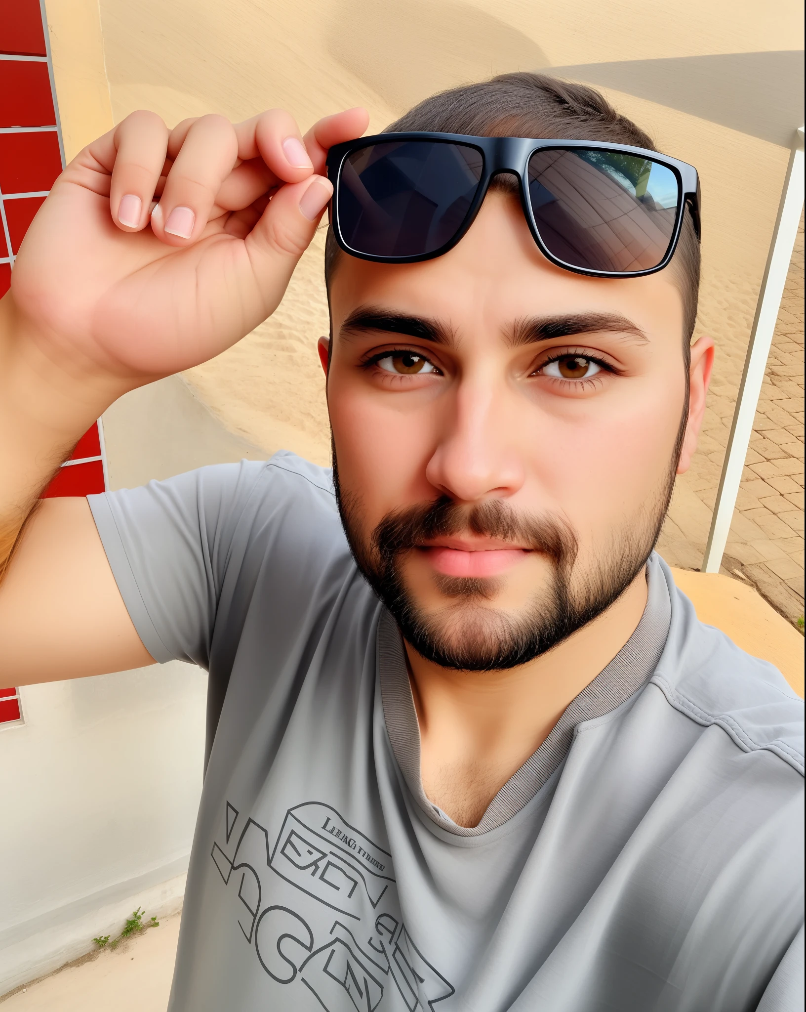 Light brunette, age 35, thin and fleshy mouth, light brown eyes, medium thin nose, little pointed, thin cheek, thick eyebrows, medium with sunglasses, square shape and full beard