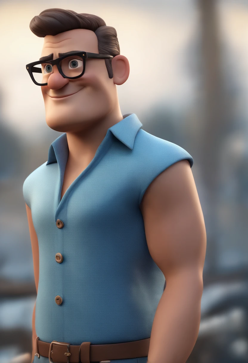 Cartoon character of a man wearing black glasses and a blue shirt, um personagem animado, Caractere estilizado, animation style rendering, 3D estilizado, Arnold Maya render, 3 d render stylized, toon render keyshot, Personagem 3D, Personagem 3D, 3d rendering stylized, 3 d character render, personagem de desenho animado, Personagem de close up, Pose de personagem, (Estilo Pixar) (master part:1.2) (Bokeh) (best quality) (pele detalhada) (textura detalhada) (8k) (argila) (Cinematic lighting) (foco nítido,Senta e vaza a parte superior do corpo
