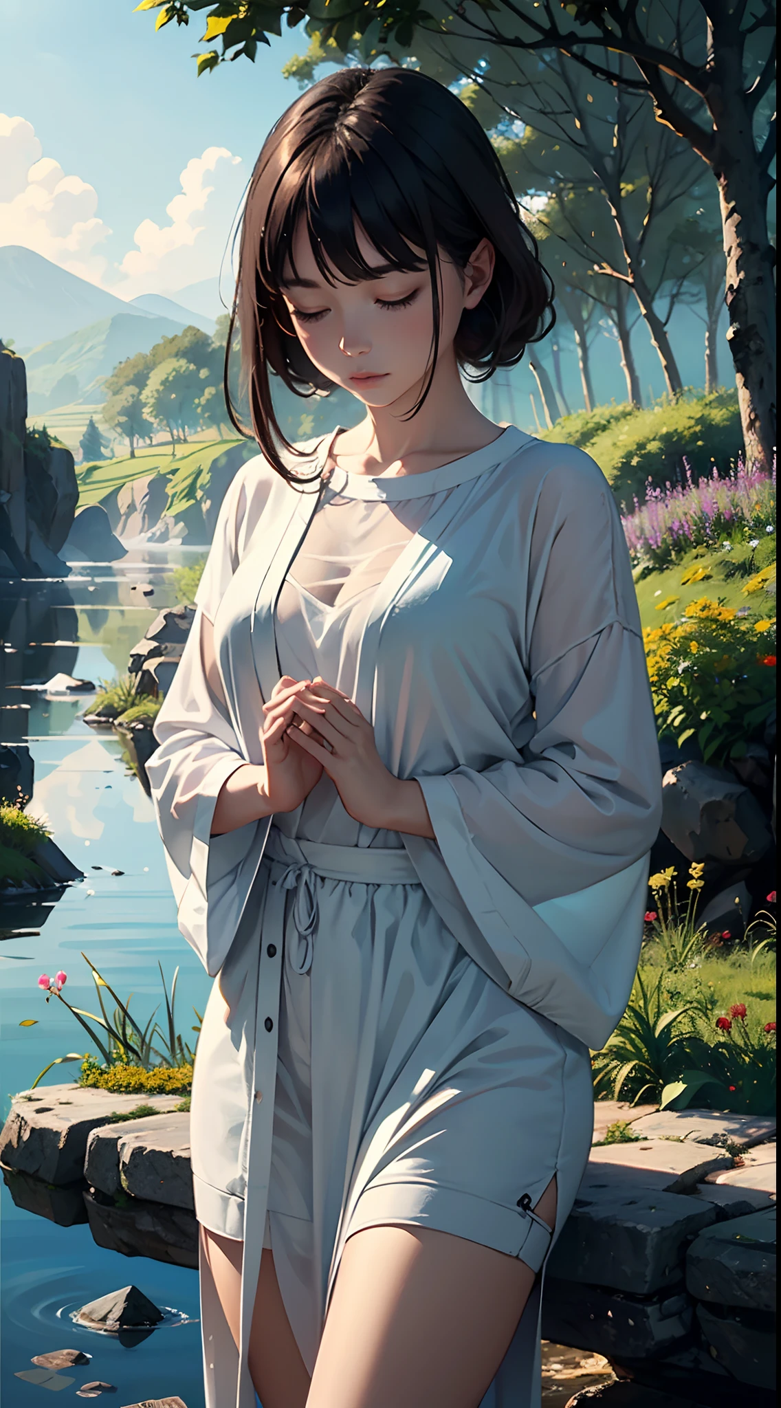 A meditative,Girl in a serene landscape,eye closed, peaceful environment, Calm atmosphere,Tranquility,Silence,soft sunlight,gentle wind,Blissful Heart,Inner peace,serenidade,Soothing colors,natural scenery,Floating feeling,Rest,harmony,Relaxation...(Best Quality,hight resolution,Ultra-detailed),Landscape painting,realistic artwork,Impressionistic style,Soft brush strokes,Subtle color blends,Vivid colors,A play of light and shadow,Ethereal,Spiritual Experiences...