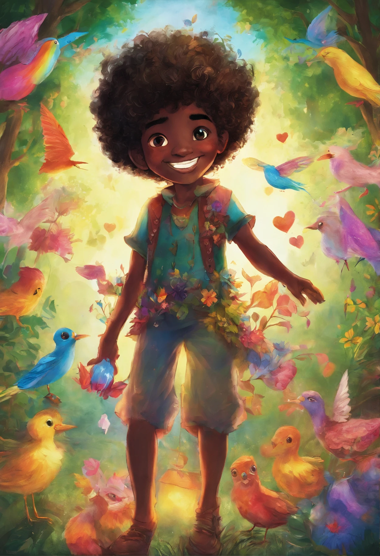 Um negro magro alto de 12 anoosto fino e cabelo crespo curto, Is smiling with rainbow colored heart in a magical sunlit forest, The flowers singing with the birds and the trees smiling and dancing.
