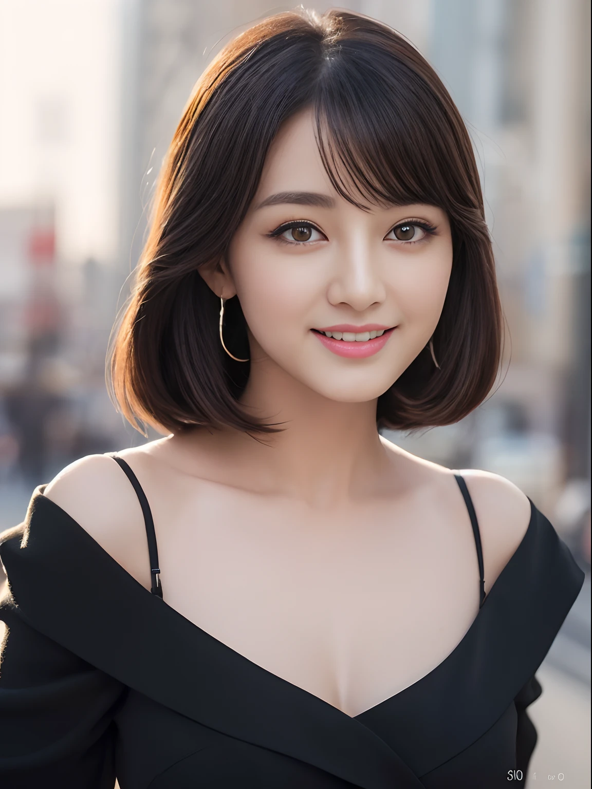 ((top-quality、8K、masterpiece:1.3))、extremely delicate and beautiful girl,realisticlying,Incredibly absurd,abstract art,From waist to shoulders,catch,extra detailed body,Short Black Hong Kong Style Hair,,Floating hair,light brown hair,Vitone Hair,beautiful fine hair,Exquisite and beautiful face,Light smile,Clear eyes, Black colored eyes,Neck_bow ribbon,frilld_Dress,beautiful and clear background,Beautiful sky,full bloom,very precise details,absurderes,extremely CG,((A sexy mature girl:1.5))、Thick lip、Crimson Lip Gloss、eye make up、((40 years:1.5))、Sweaters、New York Manhattan、Sunset sky、With smiling eyes