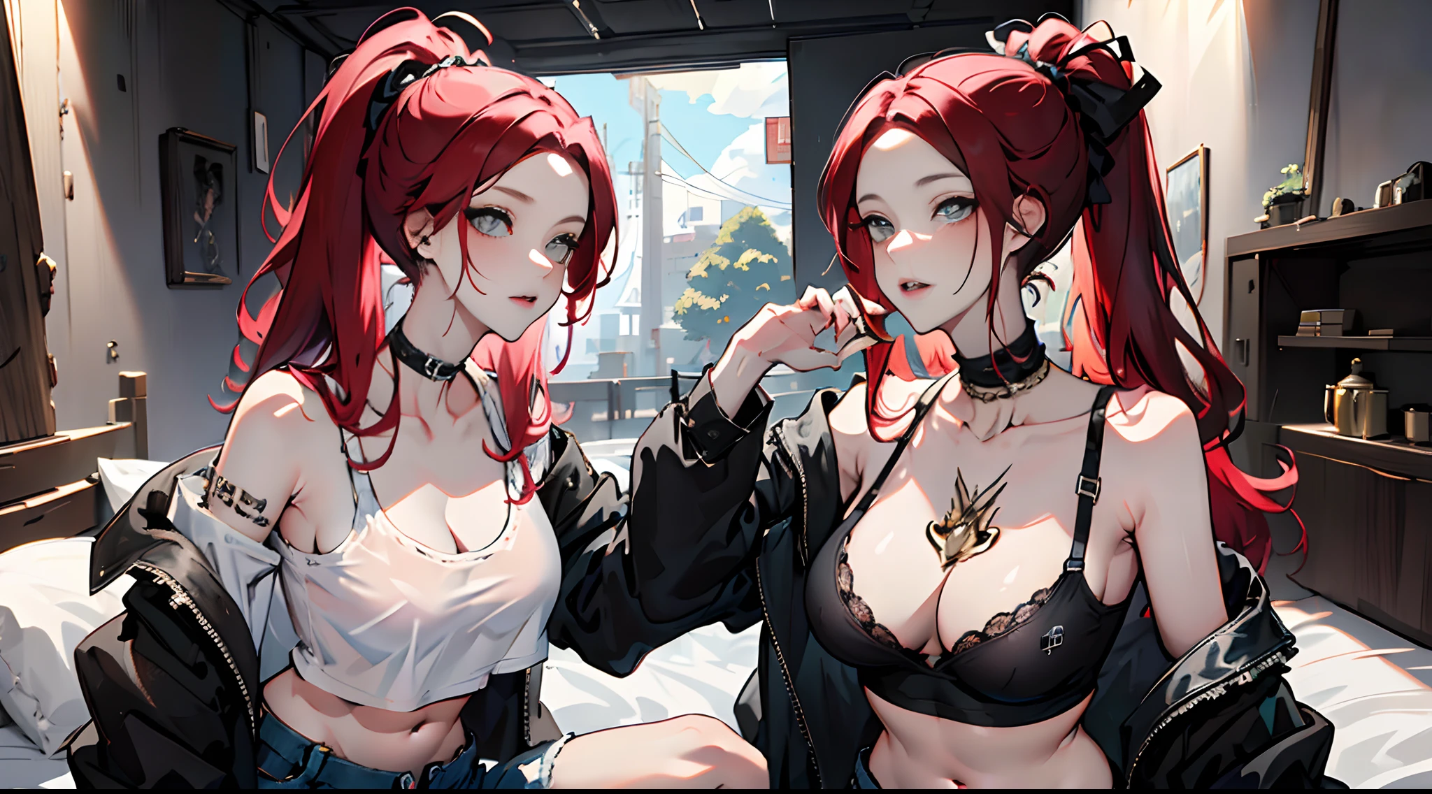 Woman sitting on bed,Wear a black bra top and jeans,red hair,(((long whitr hair,pony tails,Parted bangs,forehead))),beautifulface,A detailed face,good eyes,(((Perfect anatomy))),mature,a mature female,((animemanga girl,anime)),detailed back ground,A high resolution,offcial art,(tmasterpiece,best qualtiy,Absurd),((1girll,独奏)),Cropped shoulders,crop tops,Black bra,denim pant, denim pant,Black shoes,exposed bare shoulders,View the audience,parted lip,((黑The eye)),the belly,Nice belly,being thin,shaded indoors,Beds
