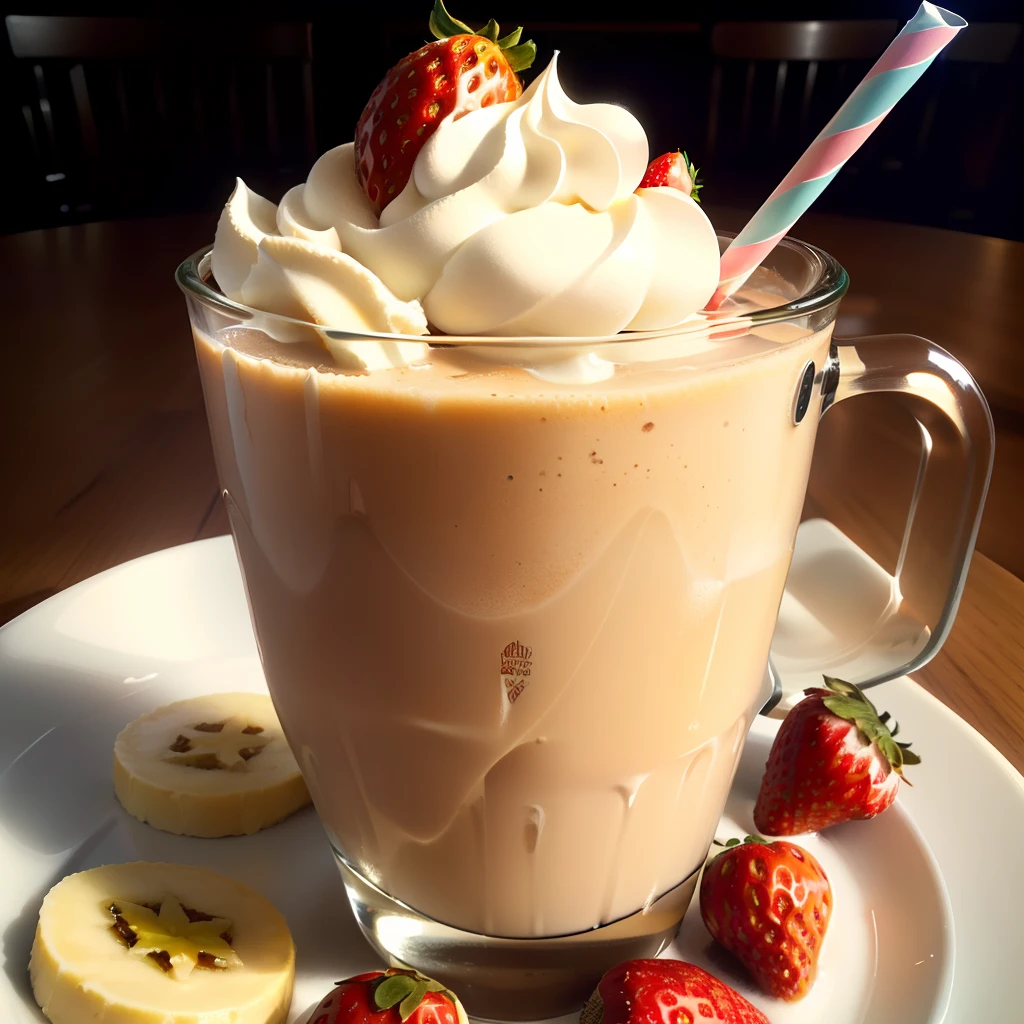 20 oz banana milkshake with strawberries on top and whipped cream
