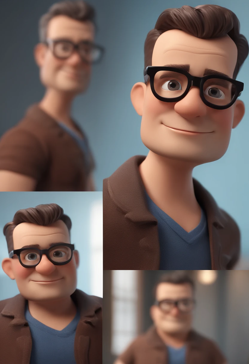 Cartoon character of a man with black glasses and a blue shirt, animation character, Caractere estilizado, animation style rendering, 3D estilizado, Arnold Maya render, 3 d render stylized, toon render keyshot, Personagem 3D, Personagem 3D, 3d rendering stylized, 3 d character render, personagem de desenho animado, Personagem de close up, Pose de personagem, (Estilo Pixar) (master part:1.2) (Bokeh) (best quality) (pele detalhada) (textura detalhada) (8k) (argila) (Cinematic lighting) (foco nítido