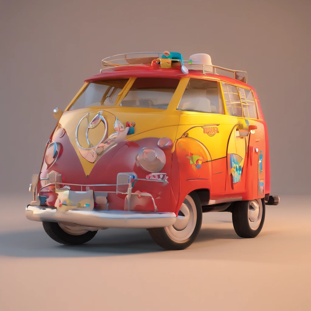 Gere uma imagem estilo Disney Pixar a partir da minha foto, em breve, square glasses, barba branca, vestido com jeans e uma camiseta dos Rolling Stones ao lado de um Fusca com a imagem de uma cidade ao fundo