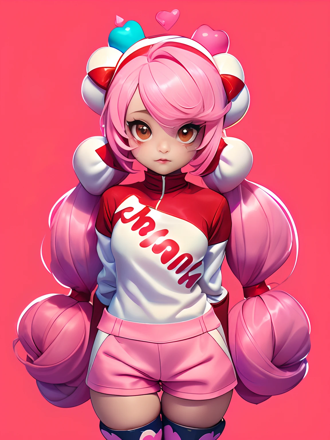 a conceptual drawing, half face half heart, paint dripping, masterpiece, Something, 1GIRL, insane girl in long pink hair, crown, princess bubblegum style, chess mater, chess theme, finely detailed, (best quality), (intricate details), cute style, loli, jester style, multicolored, ((long pink messiest hair in pigtails)), best quality, ((long sleeve shirt and shorts)), ((red and white clothes)), ((jester style clothes)), ((thigh high socks)), ((round eyes)), ((has jester makeup)), beautiful face, happy, cute face, pinup, perfect face, simple background portrait, clowh hear cards, bubble gums