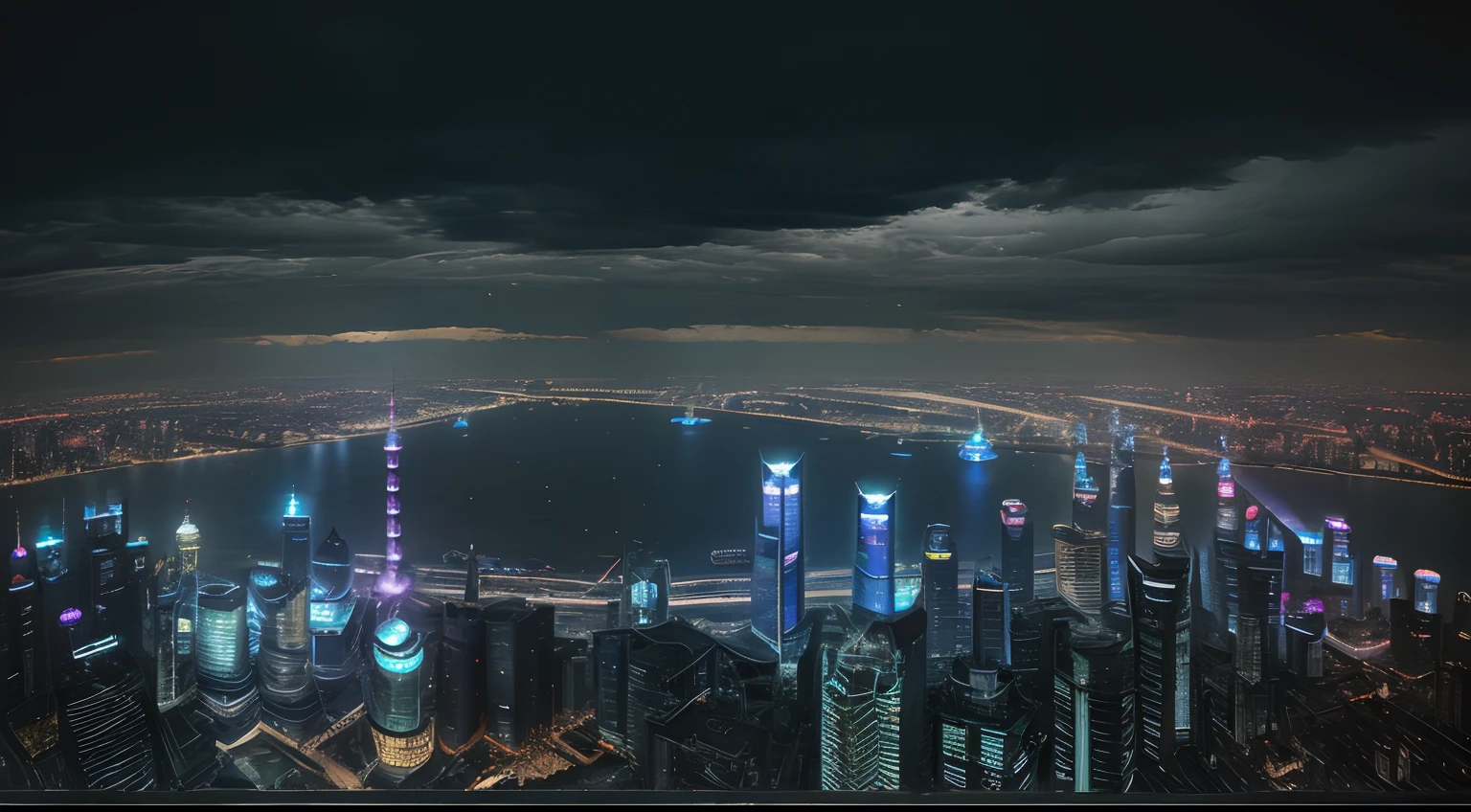Dark,Future technology heavy industry style,shanghai city,panoramic view of a city,Oriental pearl,Shanghai World Trade Building,Pubic area is clear,Lots of details,photorealestic,photore,Metal and glass are beautifully decorated,There are a lot of dark clouds in the sky,Top-down composition,A sense of vicissitudes,epic sense