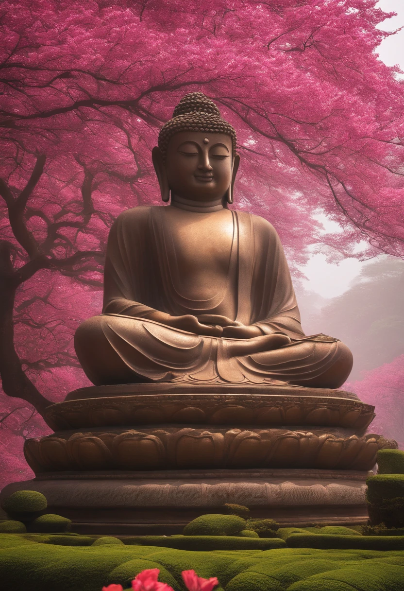 (Buddha statues and flowers in one),enormous breasts,Leshan Buddha,In conjunction with nature,Surrealism, high-detail, Hyper-Realism, GSM stereo, Cinematic lighting, god rays, EGAT., Masute Piece, textured skin, bestquality, high-res、Pink Flowers