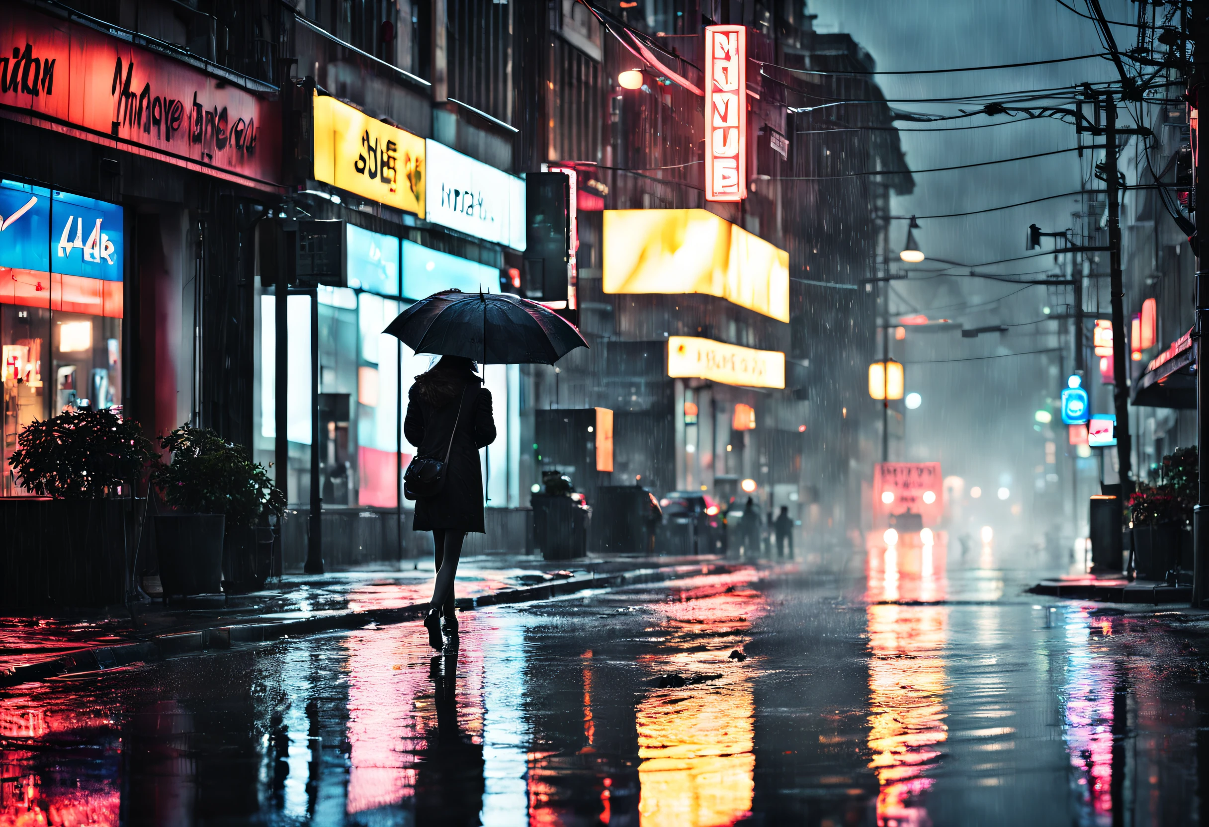 (best quality,4k,8k,highres,masterpiece:1.2),ultra-detailed,(realistic,photorealistic,photo-realistic:1.37),rainy night,lightning,heavy rain,neon lights,cityscape reflections,wet pavement,umbrella-carrying figures,splashing water,glistening raindrops,blurry car lights,moody atmosphere,eerie shadows,dramatic contrast,dynamic composition,luminous colors,dark and mysterious,urban landscape,melancholic ambiance,electric energy,water reflections,illuminated windows,glowing signs,puddles,streetscape,nighttime hustle and bustle,stormy sky,electricity in the air,striking visual impact,atmospheric perspective,foreboding feeling,emotive art,impressive detail,ethereal beauty,serene yet dramatic,visual poetry.