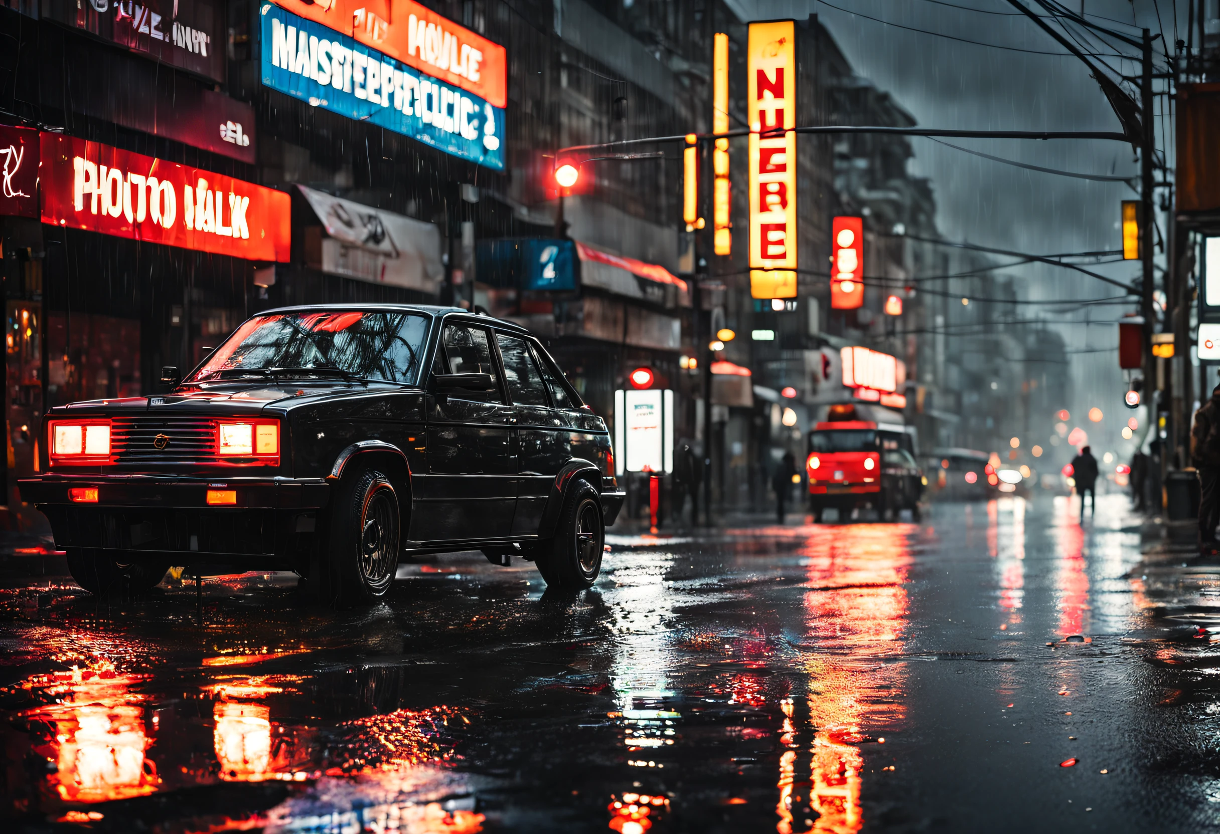 (best quality,4k,8k,highres,masterpiece:1.2),ultra-detailed,(realistic,photorealistic,photo-realistic:1.37),rainy night,lightning,heavy rain,neon lights,cityscape reflections,wet pavement,umbrella-carrying figures,splashing water,glistening raindrops,blurry car lights,moody atmosphere,eerie shadows,dramatic contrast,dynamic composition,luminous colors,dark and mysterious,urban landscape,melancholic ambiance,electric energy,water reflections,illuminated windows,glowing signs,puddles,streetscape,nighttime hustle and bustle,stormy sky,electricity in the air,striking visual impact,atmospheric perspective,foreboding feeling,emotive art,impressive detail,ethereal beauty,serene yet dramatic,visual poetry.