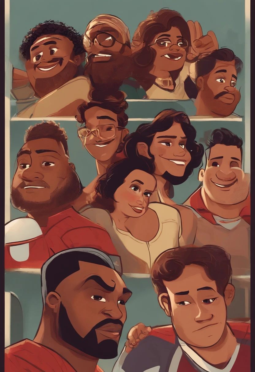 criar quatro personagens estilo pixar, dois adulto de 36 anos, 1,90 altas, cabelos e olhos castanhos, pele clara, skinny and one with a beard on his face and two children aged 9 and 6, 1,40 altas, olhos escuros, cabelos loiro escuro e pele clara. The four characters are dressed in the shirt of the São Paulo football club and the four characters are at the Morumbi stadium celebrating a title