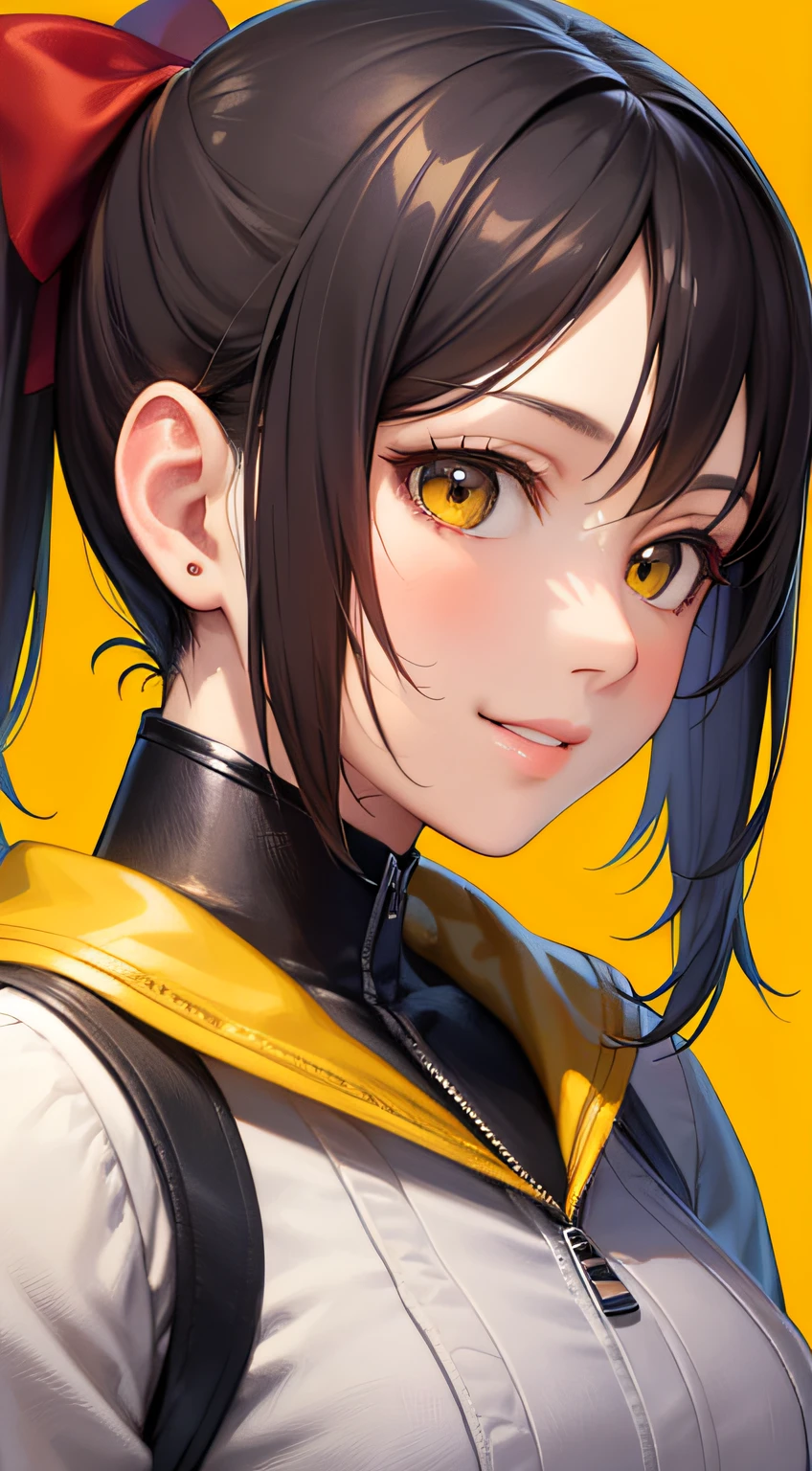 illustration, masterpiece, best quality, ultra detailed, super resolution, detailed face, detailed hair, detailed skin, profile, twin tails, best smile, yellow background, black short hair, red ribbon
