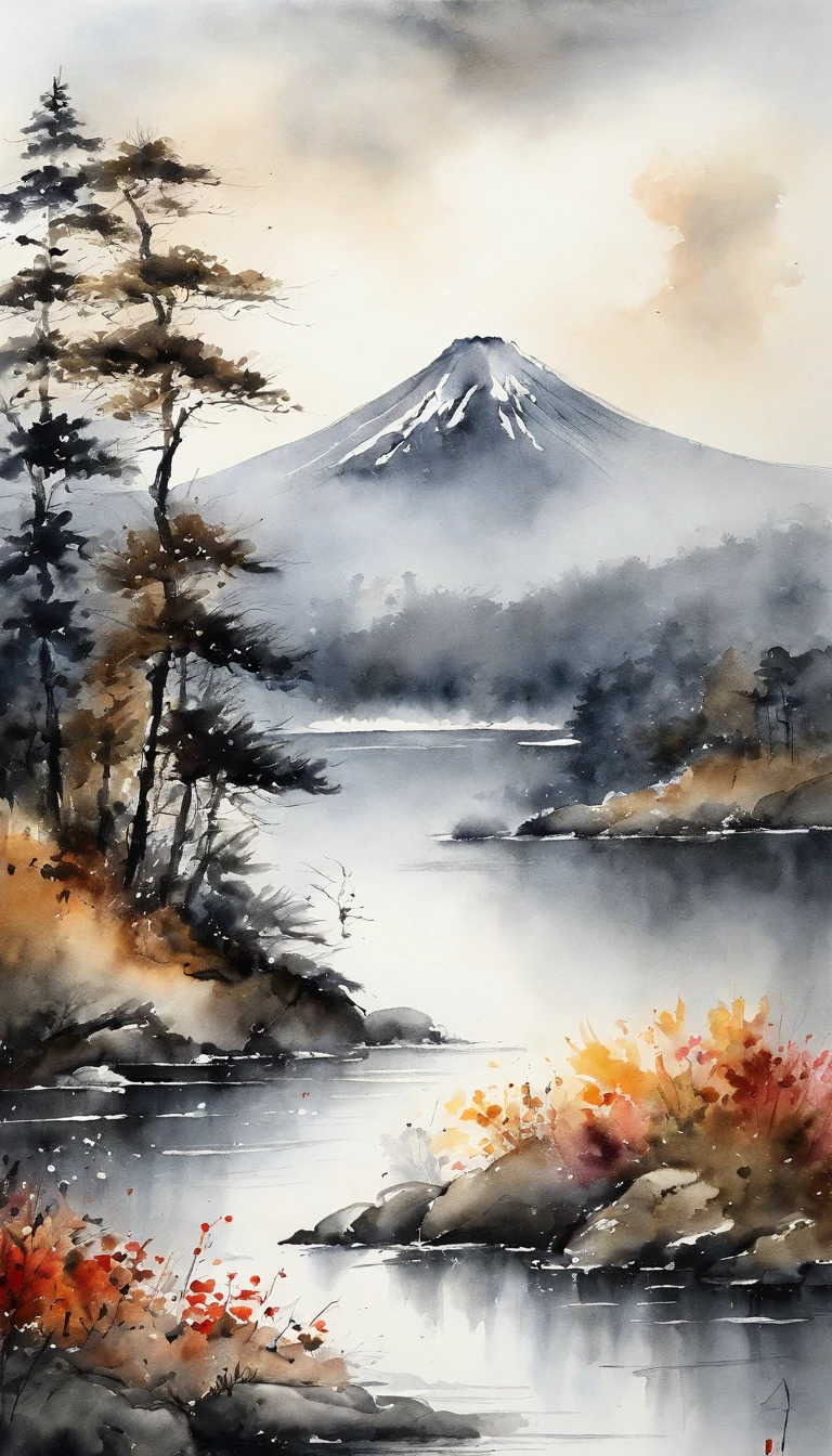 Ultra high resolution,Ultra high quality,Ultra-fine details,ink-and-wash painting,japanese mountain-and-water painting,fantastic work of art,outstanding art,excellent brushwork,miraculous gradation,impressive landscape,mysterious nature,breathtaking silence,Mountain Fuji,Lake