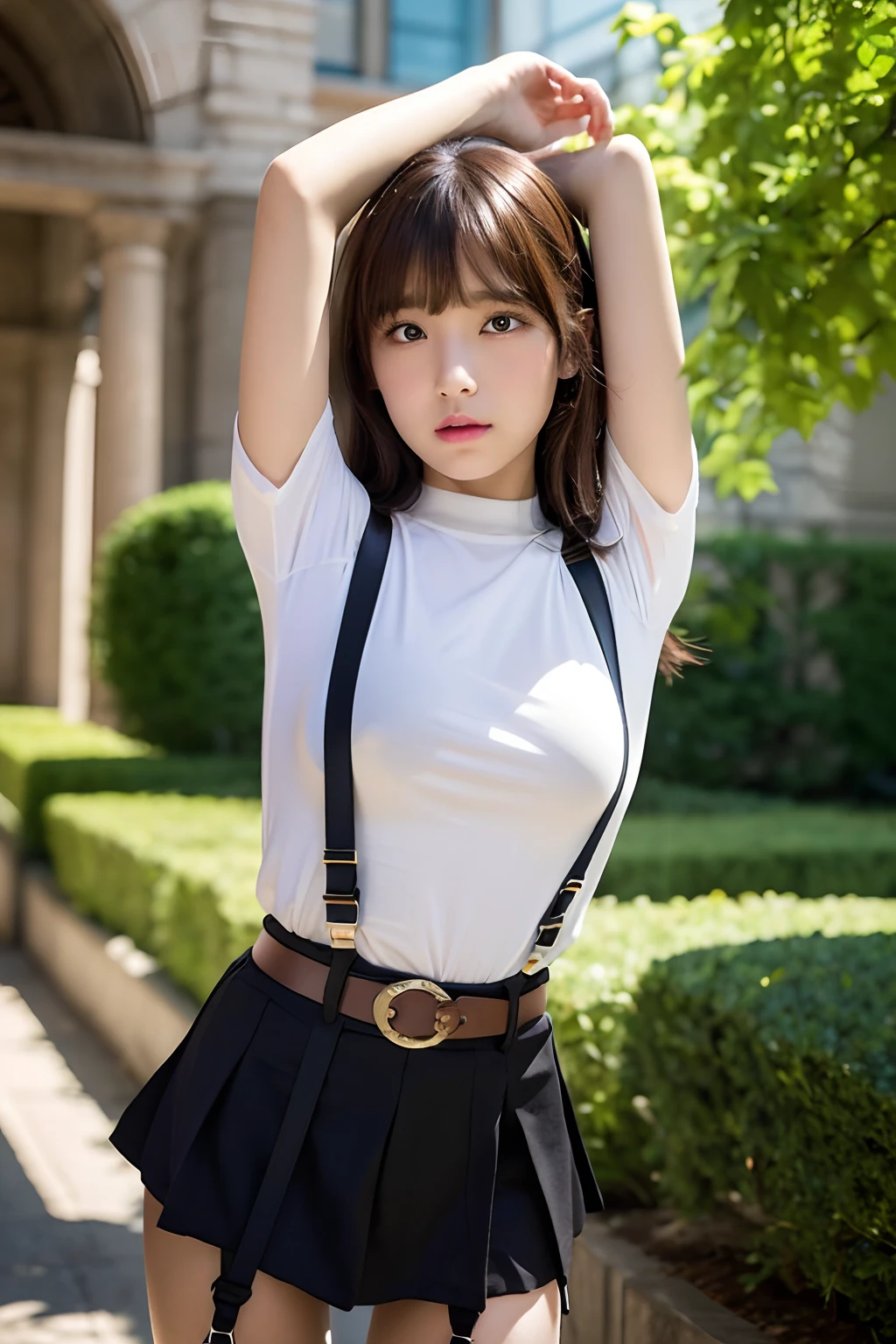 ​masterpiece、flat-colors、depth of fields、lens flare 1 girl、、Brown hair、watching at viewers　　　black suspenders　　　bulging big breasts　　　 　 Armpit sweat　perspiring　Side of both hands　　walls: 　Black miniskirt　Garter Belt Chain　　　　　arma　Gaze　　　Small face　Bangs Upper Eyes　flank　　Colorcon　The shirt　holster　　a belt