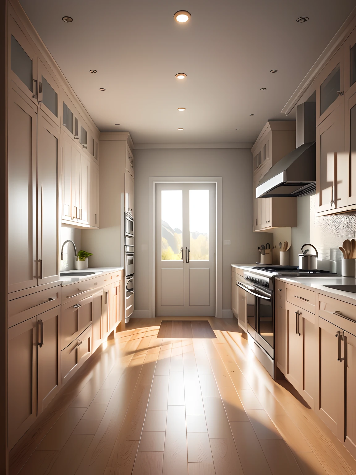The kitchen has wooden floors,Comes with white cabinets。, bright window lit kitchen, house kitchen on a sunny day, rendered in corona, Realistic physical rendering, made in unreal engine 4, made in unreal engine, highly photographic render, White broom wardrobe, luxury bespoke kitchen design, rendering in Unreal Engine 6, Detailed natural lighting, unreal engine realistic render, rendered with unreal engine