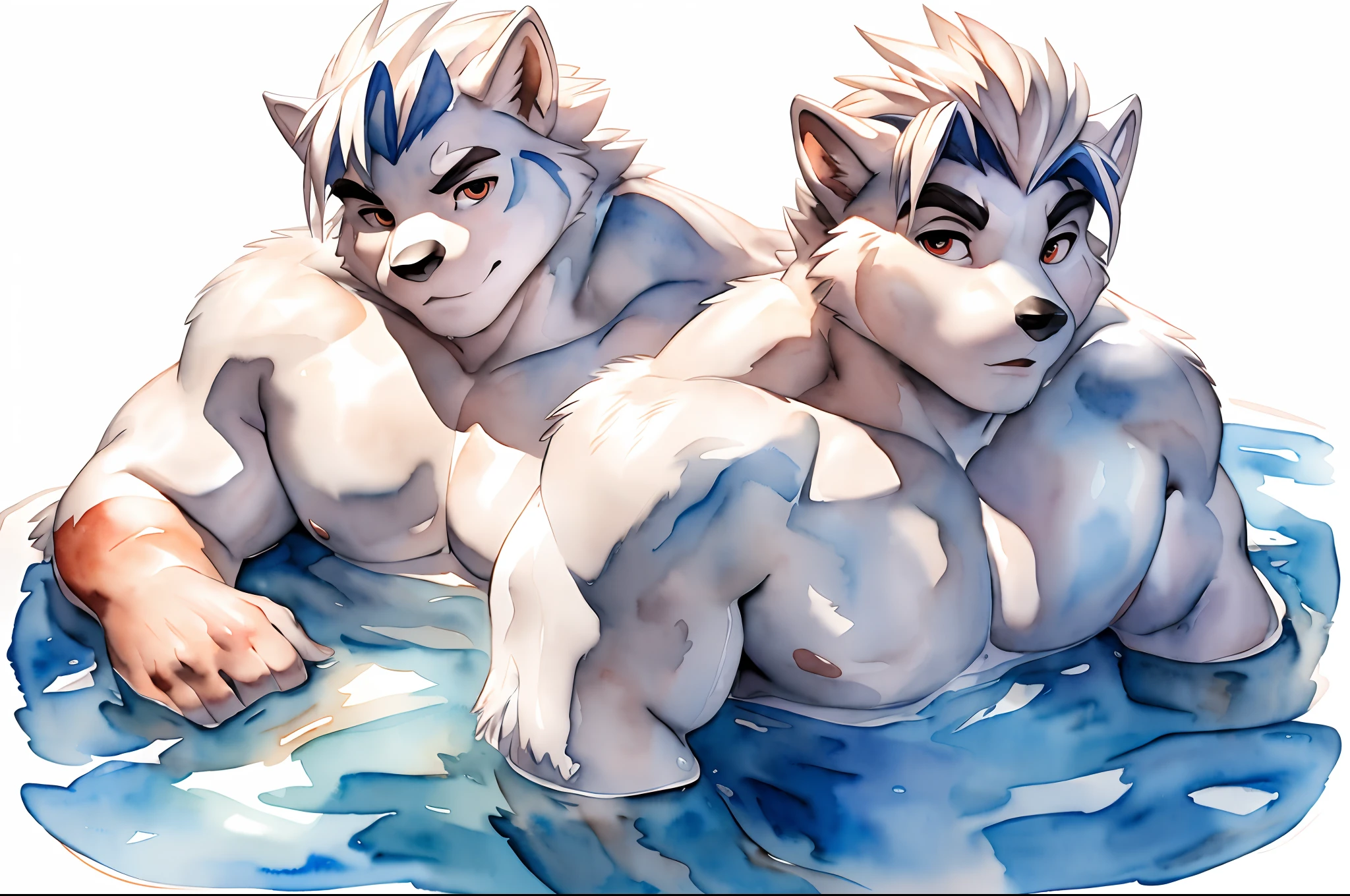 Hominidae, Pose for Camera. 4K, high resolution, Best quality, posted on e621, (Two anthropomorphic white wolves:1.2), Anthropomorphic white wolf, Two, male people, 20yr old, Thick eyebrows, Light blue fur, Strong body, large pecs, ((Shirtless)), They are next to each other, Soak in the hot springs together, Slight bulge, Pink milk clusters, Soak in natural hot springs, Partially submerged, spread thighs, stretched action, (sport, Muscular, Heavyweight:1.2), Correct anatomy, (White background, Watercolor background:1.1), (by Chunie, author:Taran Fidler:0.8), (Detailed eyes:1.2), Sexy, (cel-shaded:1.2), cartoon shading, (aquarelle:1.2), tense look, Be red in the face, (view the viewer:1.2), Look ahead