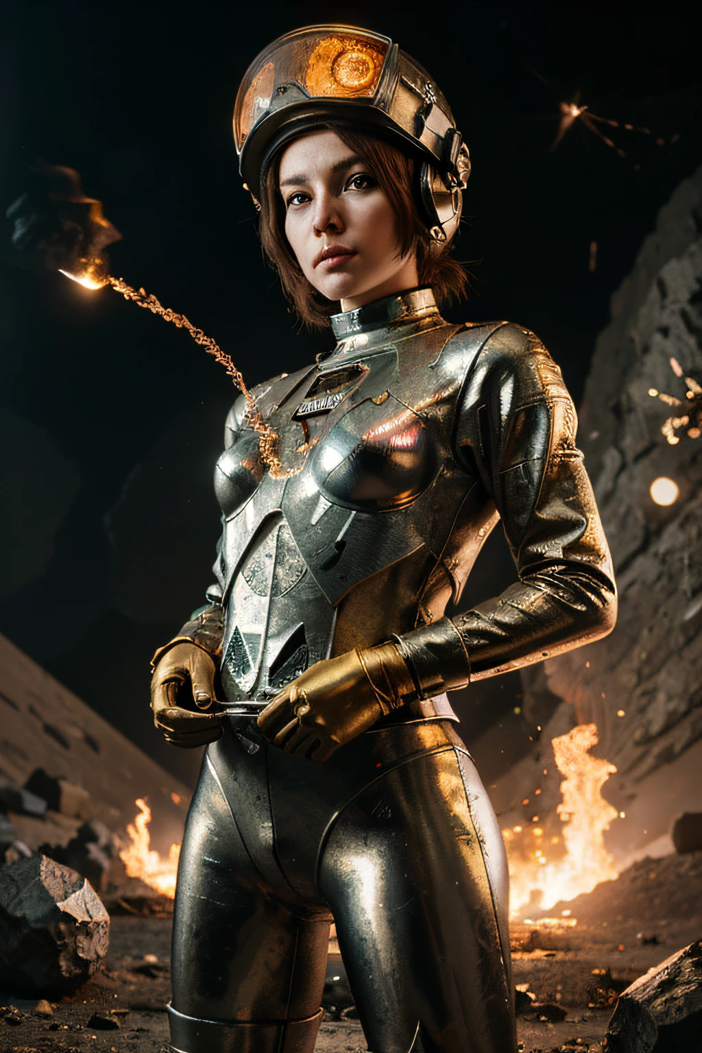 A toon Crazy whit a Big ONE a Only Eye Robot CCCP Soviet, and helmet Style, tongs in hands, Tv head, pinhead, camouflage Gold Silver Pink Rusty, Ambient in a meteorite crater super detailed, center, beautiful, soft lighting, focused on the character, 4K resolution, photorealistic rendering,