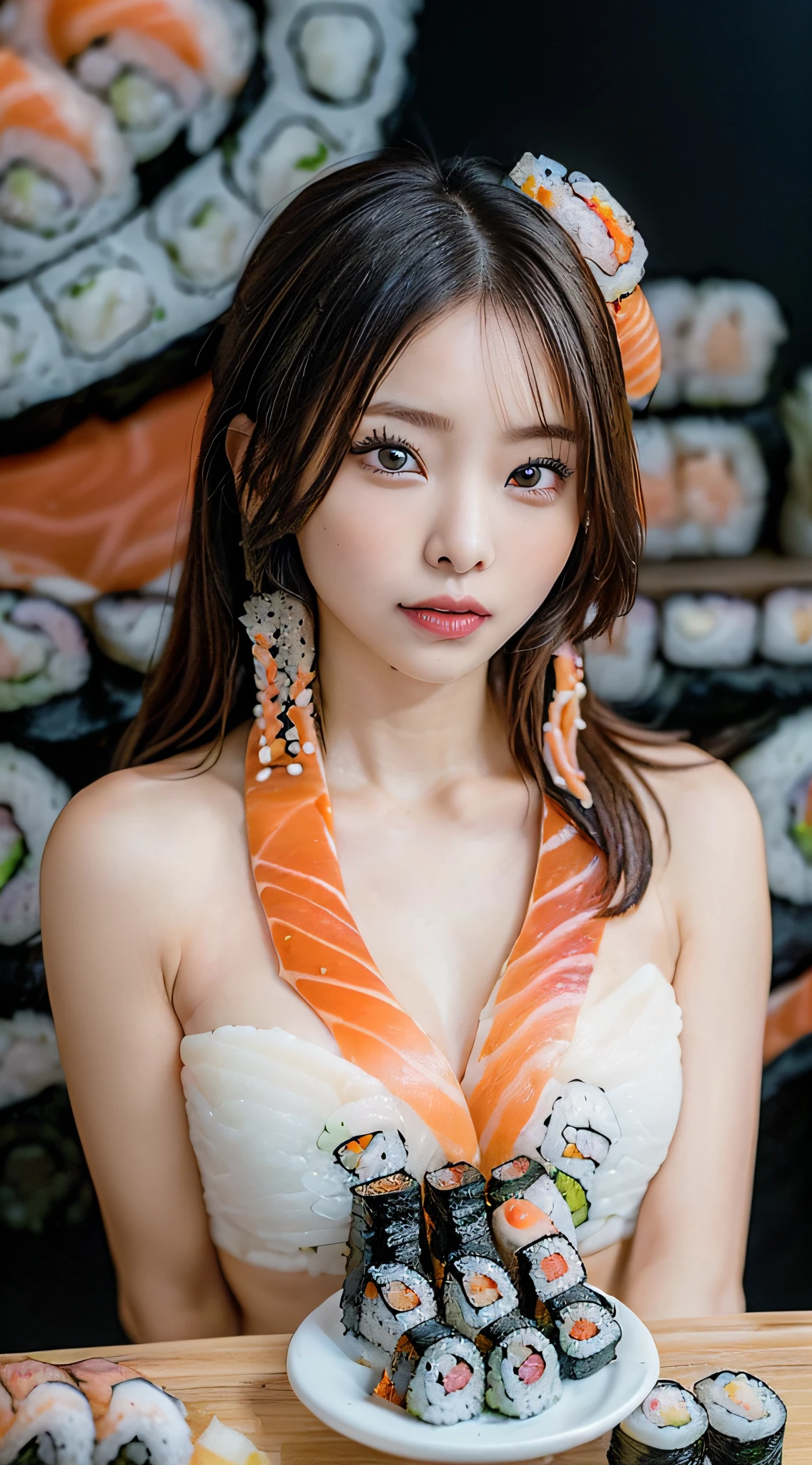 (1girl lying on her back on a table:1.3), wearing a bikini, (there is so much sushi that she can't eat that is placed directly on top of her body, lots of sushi decorated all over the body:1.8), (Best Quality:1.4), (hyper quality), professional photograpy, Cinematic lighting, (extremely detailed beautiful face), Amazing face and eyes, (view from above:1.3),