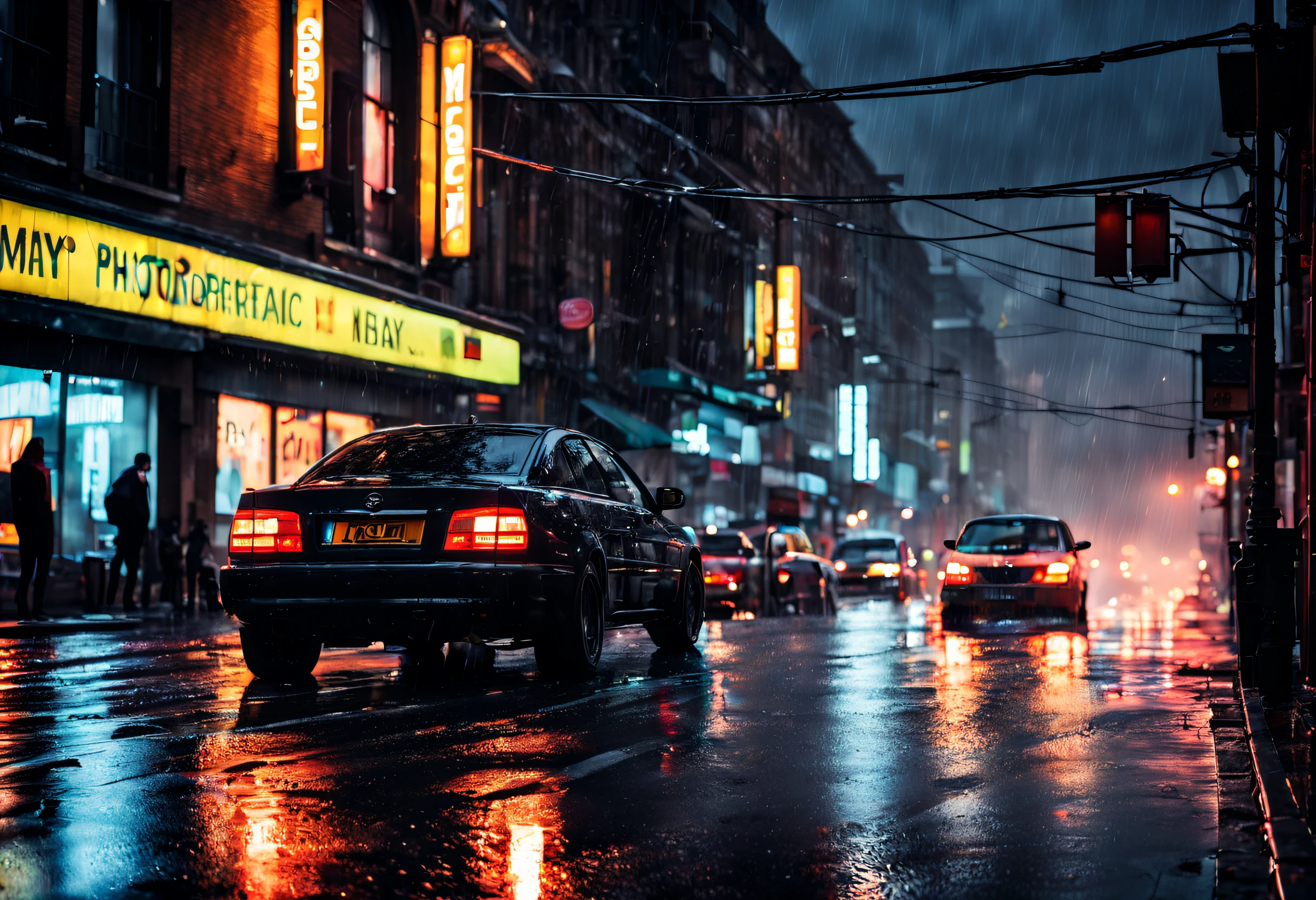 (best quality,4k,8k,highres,masterpiece:1.2),ultra-detailed,(realistic,photorealistic,photo-realistic:1.37),rainy night,lightning,heavy rain,neon lights,cityscape reflections,wet pavement,umbrella-carrying figures,splashing water,glistening raindrops,blurry car lights,moody atmosphere,eerie shadows,dramatic contrast,dynamic composition,luminous colors,dark and mysterious,urban landscape,melancholic ambiance,electric energy,water reflections,illuminated windows,glowing signs,puddles,streetscape,nighttime hustle and bustle,stormy sky,electricity in the air,striking visual impact,atmospheric perspective,foreboding feeling,emotive art,impressive detail,ethereal beauty,serene yet dramatic,visual poetry.