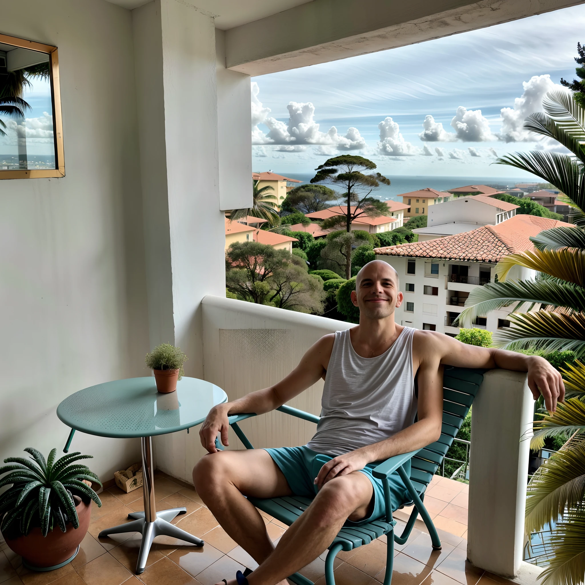 There's a man sitting in a chair on a balcony, home fotografia retrato, Brad, Tim Hildebrant, Davi A, Directed by: Jakob Gauermann, Michael, Directed by: Matthias Stom, John, foto retrato, com palmeiras nas costas, Pedro, Retrato Grande Angular, Directed by: John Plumb, altamente relaxado, Jeff, Directed by: Fletcher Martin, Jeremy, Greg