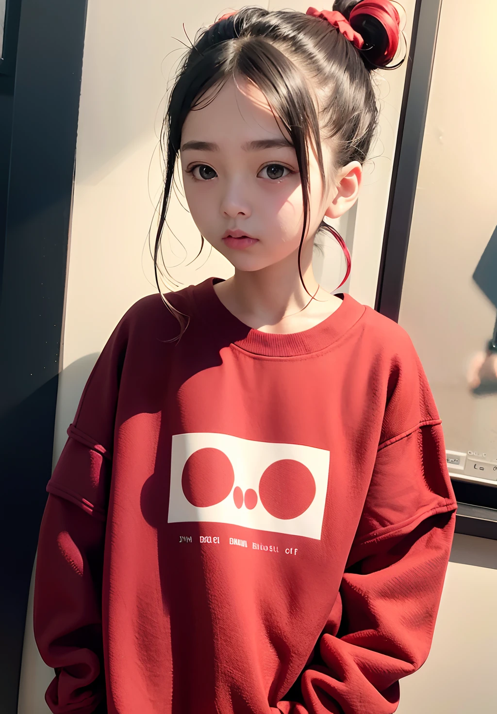 best qualtiy、​masterpiece、Dark hair、Bun hair、One knot、scrunchie、Red sweatshirt、age19