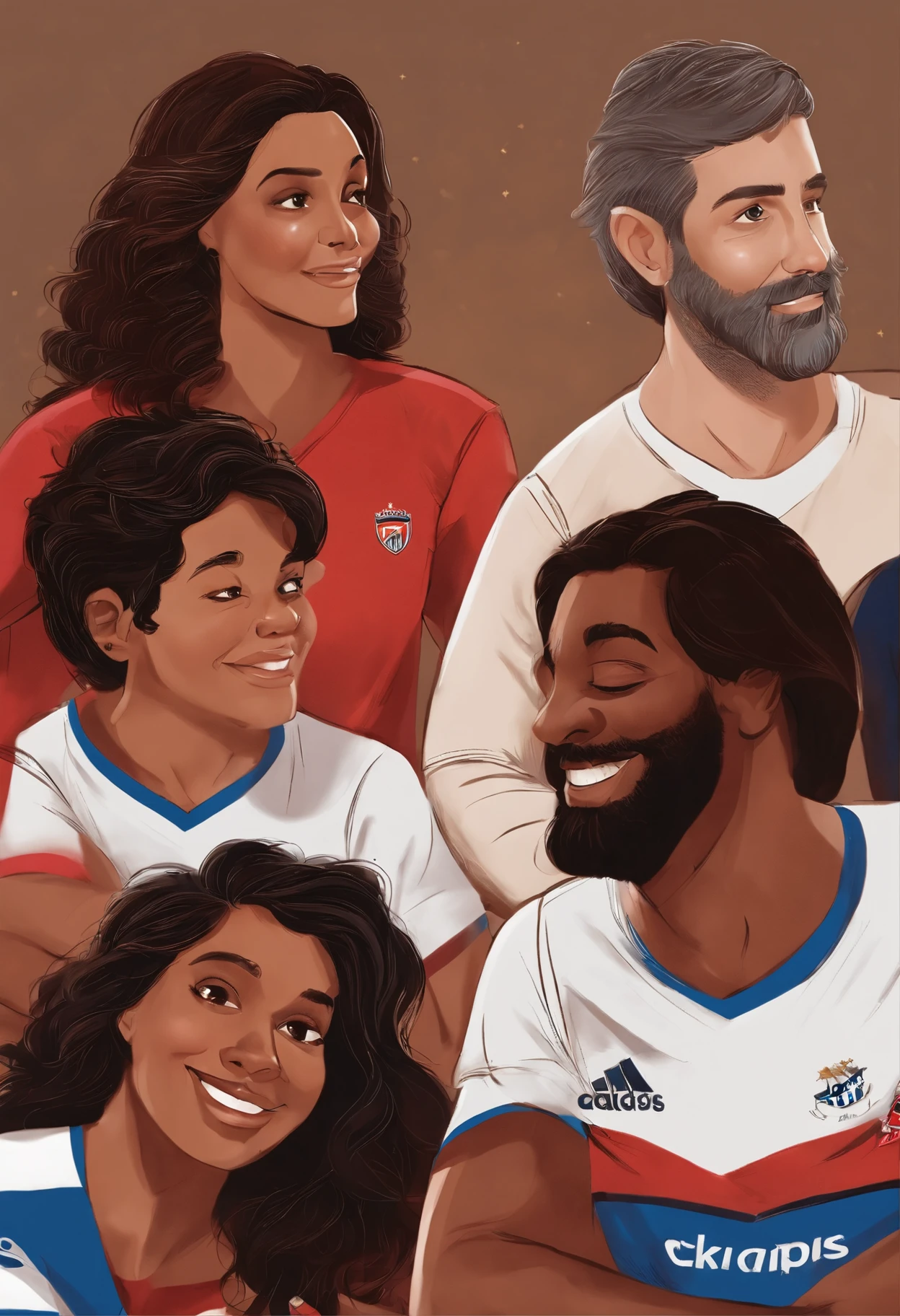 criar quatro personagens estilo pixar, dois adulto de 36 anos, 1,90 altas, cabelos e olhos castanhos, pele clara, skinny and one with a beard on his face and two children aged 9 and 6, 1,40 altas, olhos escuros, cabelos loiro escuro e pele clara. The four characters are dressed in the shirt of the São Paulo football club and the four characters are at the Morumbi stadium celebrating a title